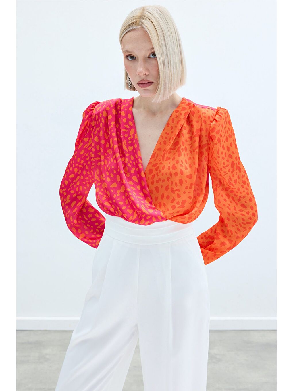 Turuncu Kruvaze Desenli Bodysuit - Oranj-Fuşya-2