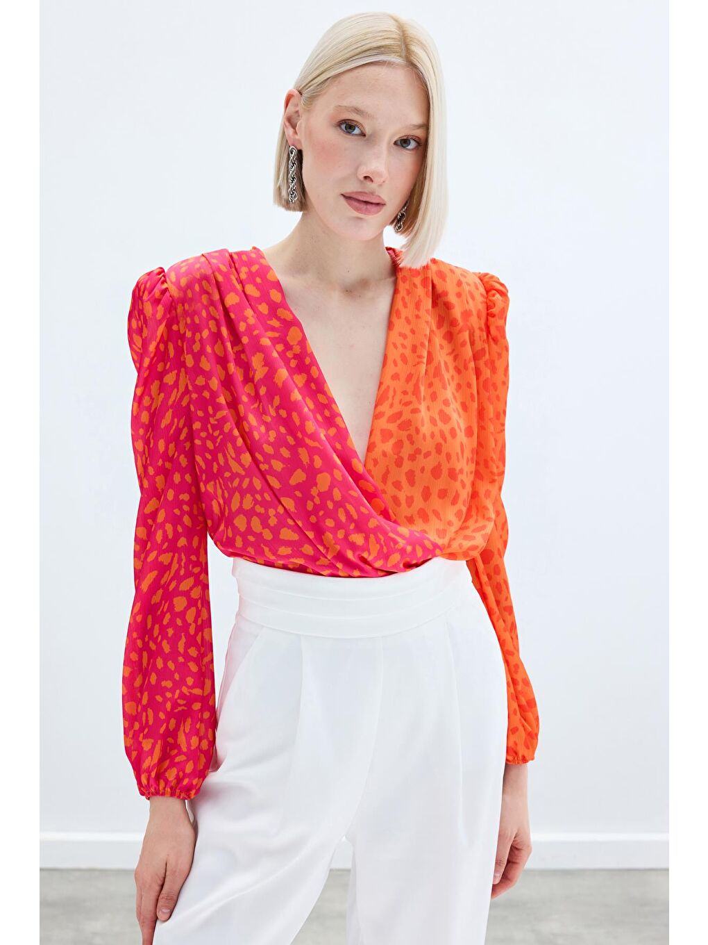 Turuncu Kruvaze Desenli Bodysuit - Oranj-Fuşya-3