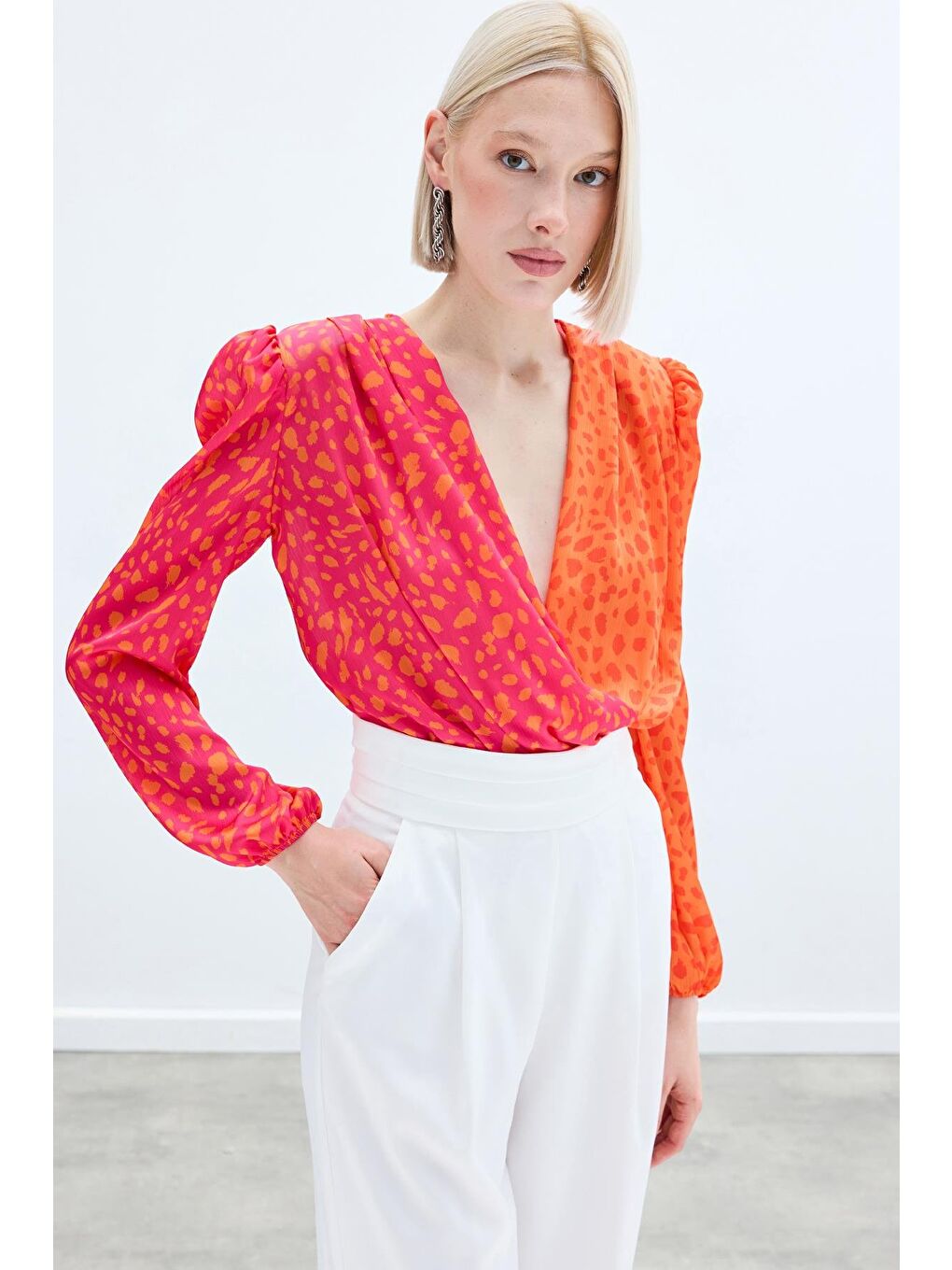 Turuncu Kruvaze Desenli Bodysuit - Oranj-Fuşya-4