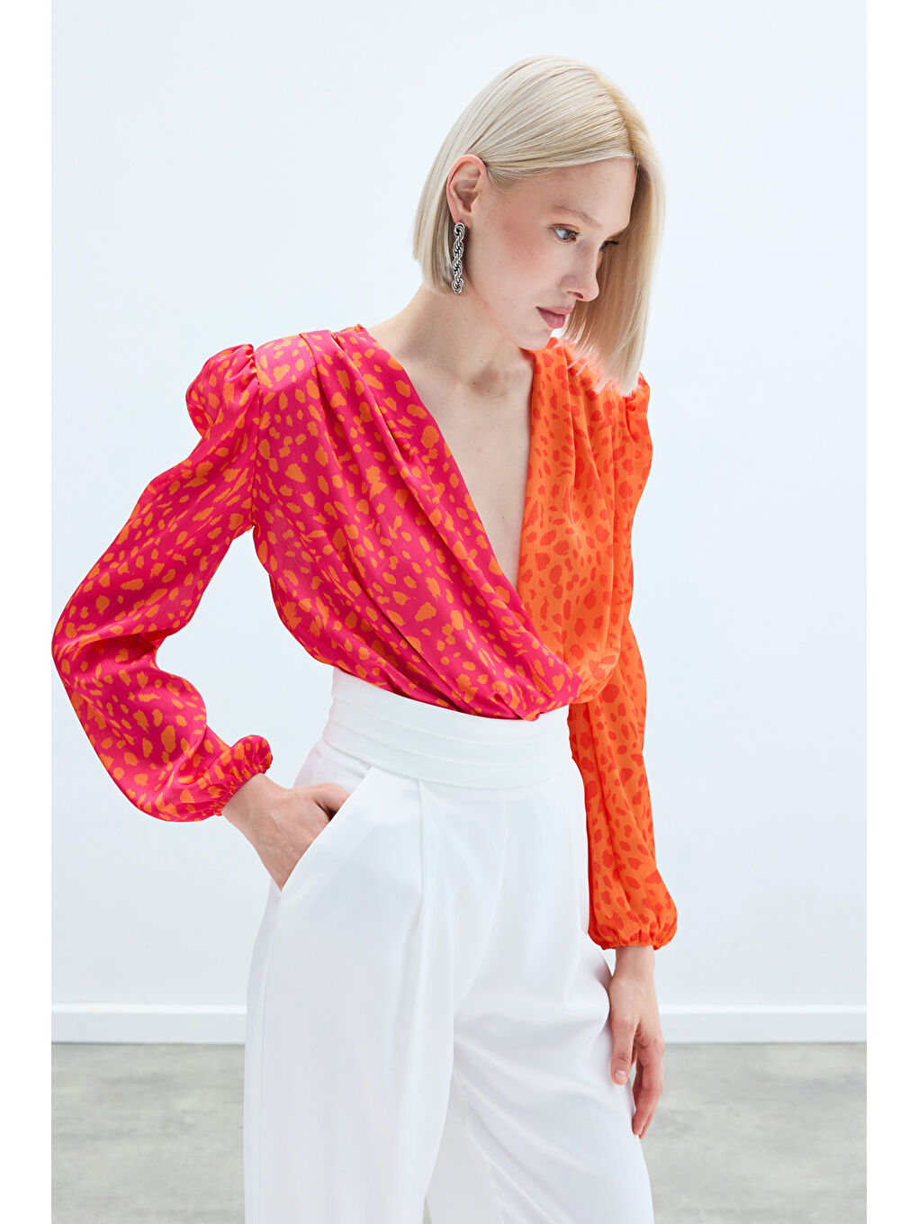 Turuncu Kruvaze Desenli Bodysuit - Oranj-Fuşya-5