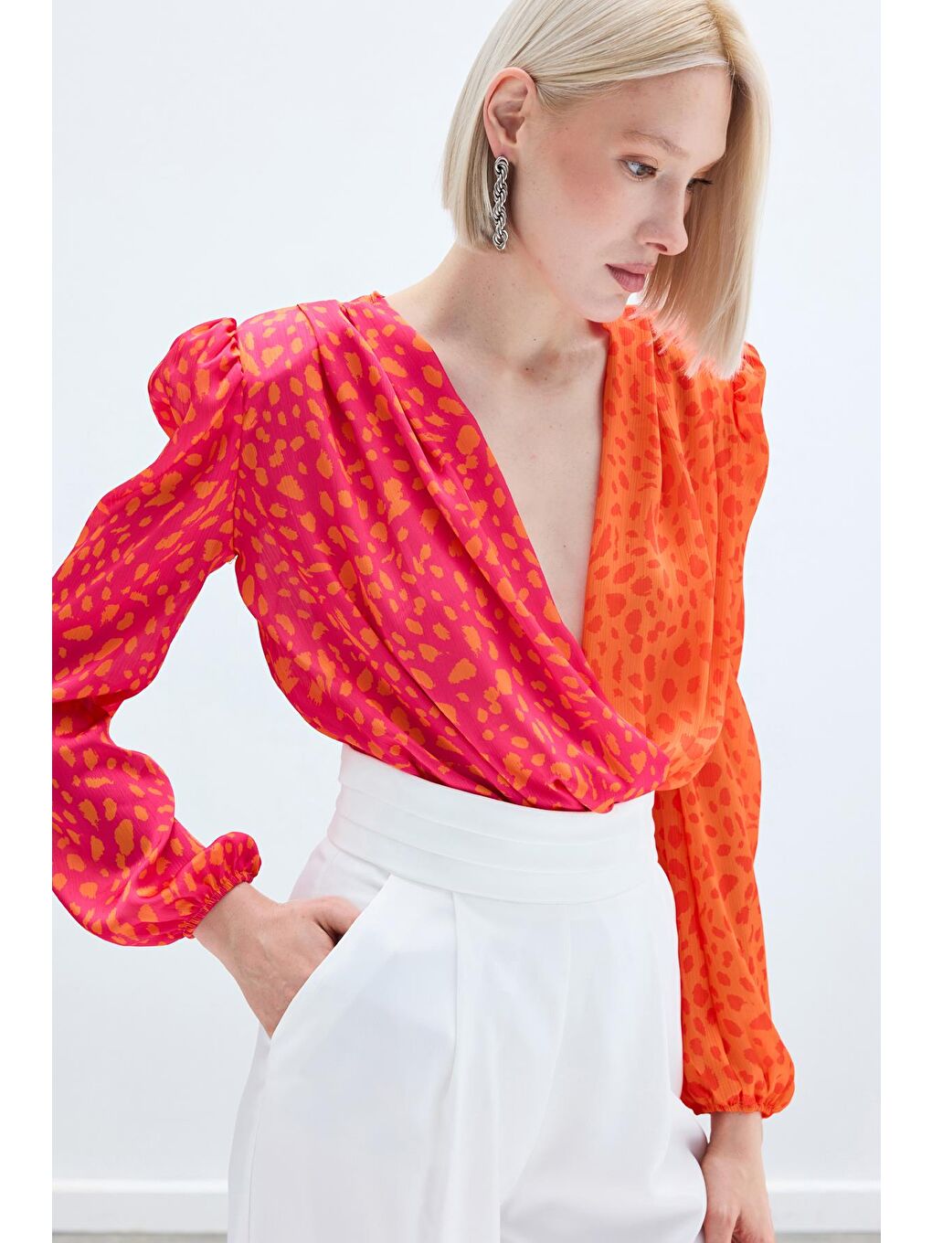 Turuncu Kruvaze Desenli Bodysuit - Oranj-Fuşya-6