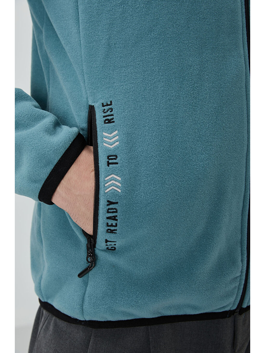 Mint Yeşili Yazı Nakışlı Dik Yaka  Standart Kalıp Erkek Fermuarlı Sweatshirt Polar - 87992-2