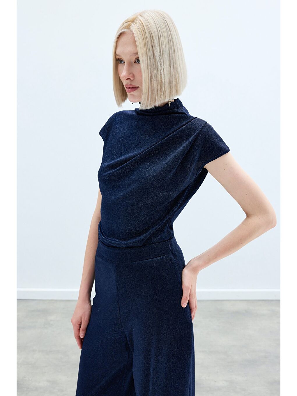 Simli Dik Yaka Bodysuit - Lacivert-1