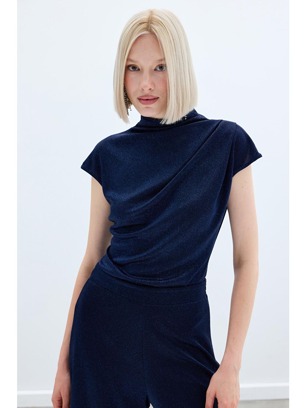 Simli Dik Yaka Bodysuit - Lacivert-2