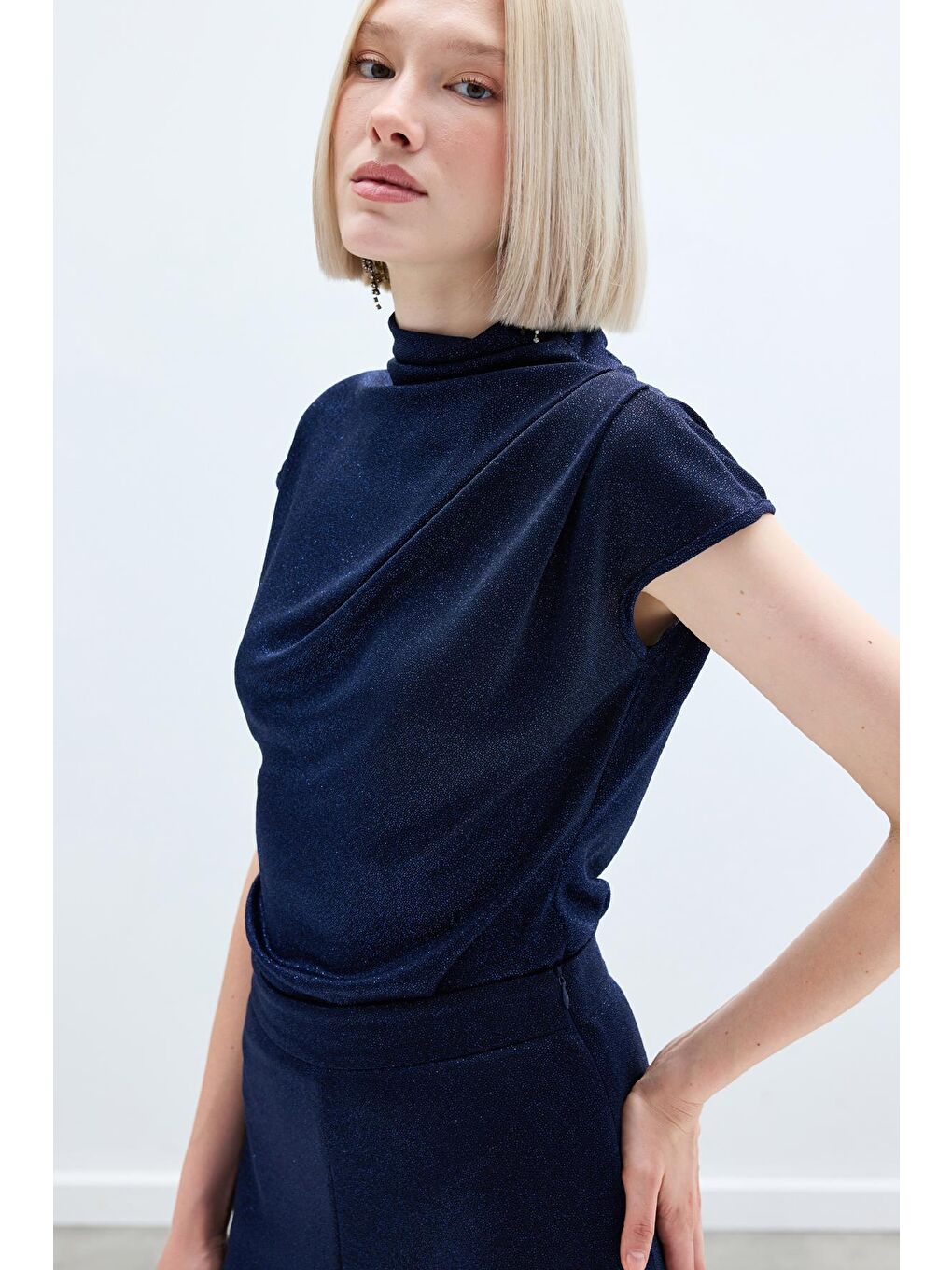 Simli Dik Yaka Bodysuit - Lacivert-3