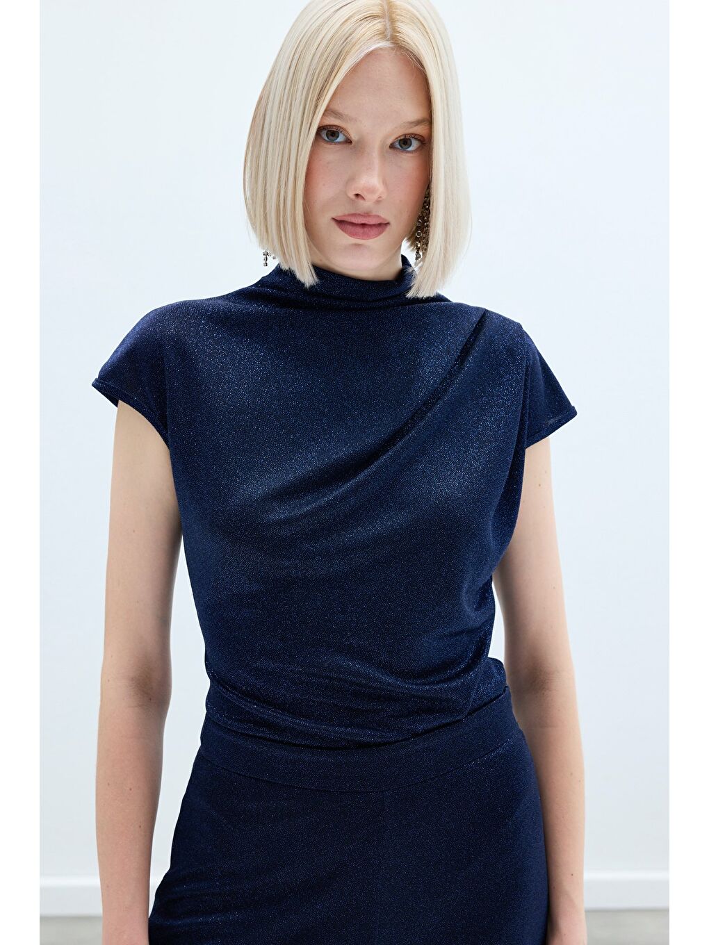 Simli Dik Yaka Bodysuit - Lacivert-4