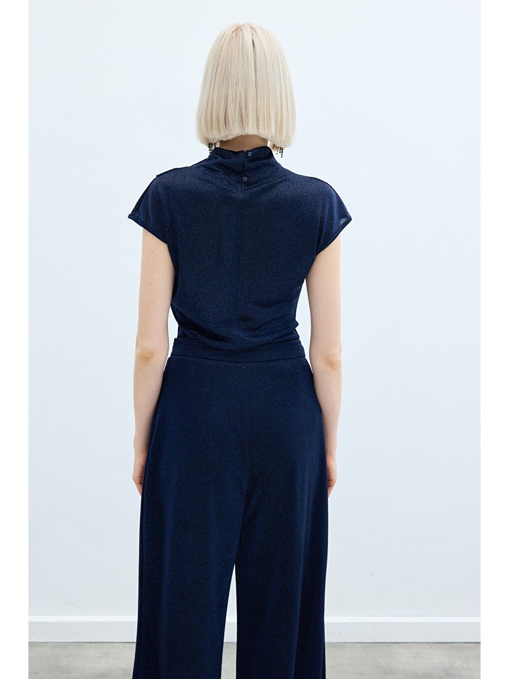 Simli Dik Yaka Bodysuit - Lacivert-5