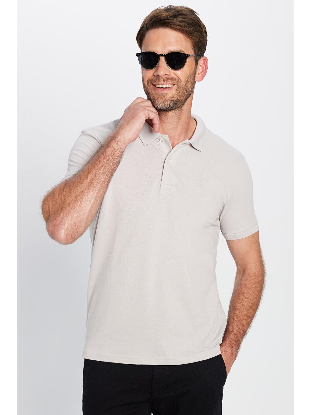 Erkek Slim Fit Dar Kesim Pamuklu Yumuşak Doku Nefes Alan Kumaş Kıvrılmaz Yaka Gri Polo Yaka Tişört-3