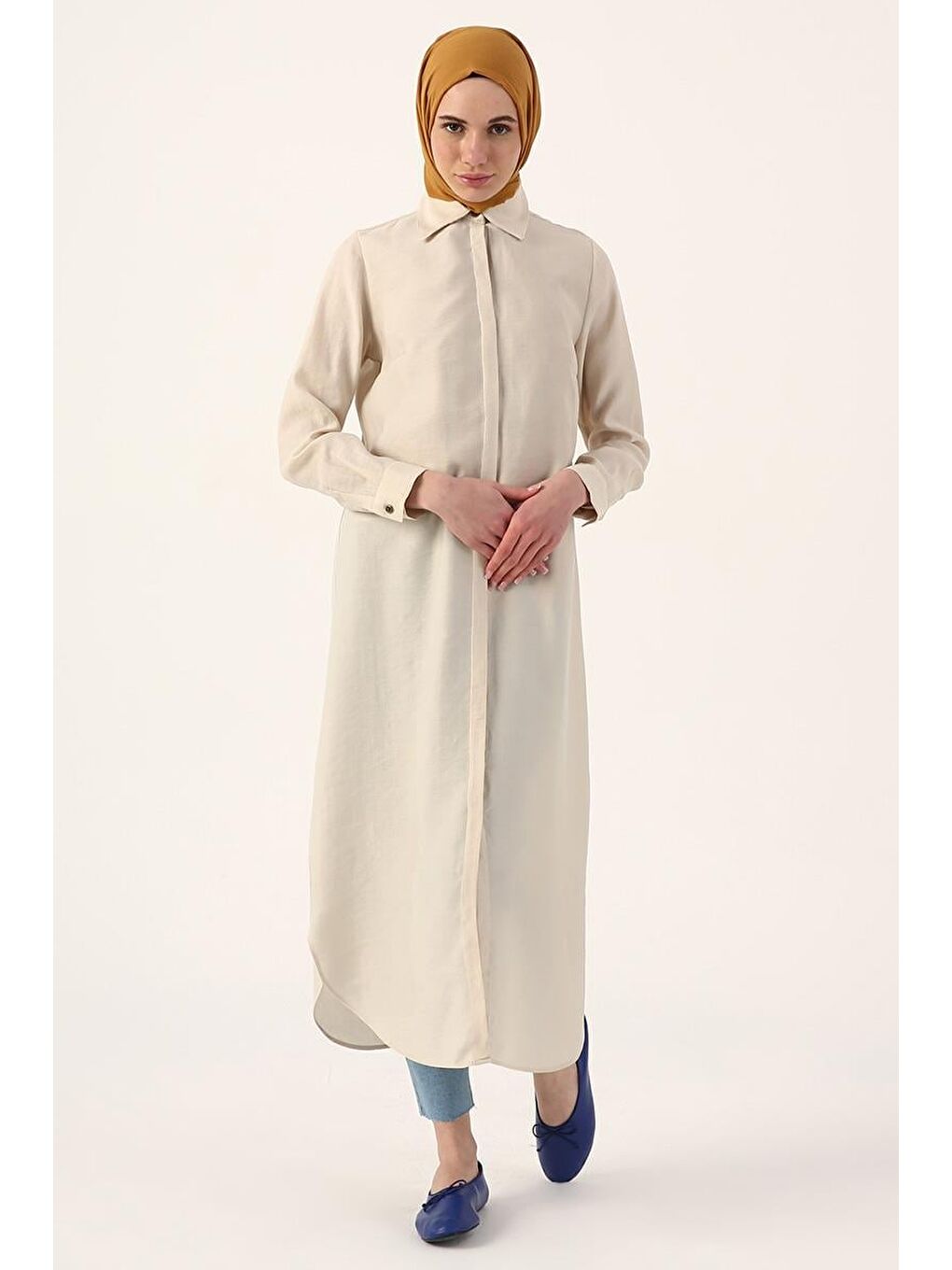 Bej Taş-Gizli Patlı Uzun Gömlek Tunik