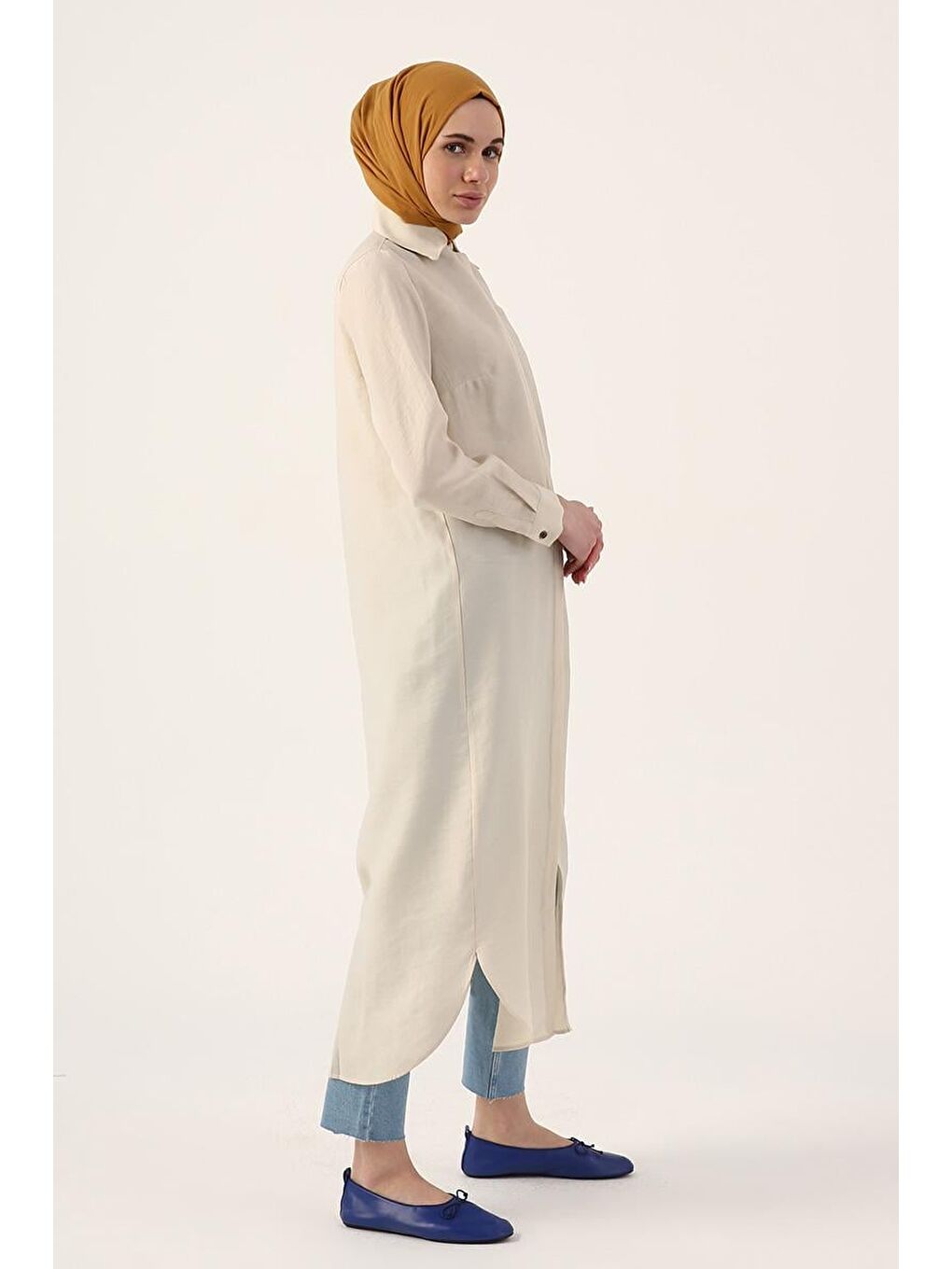 Bej Taş-Gizli Patlı Uzun Gömlek Tunik-2