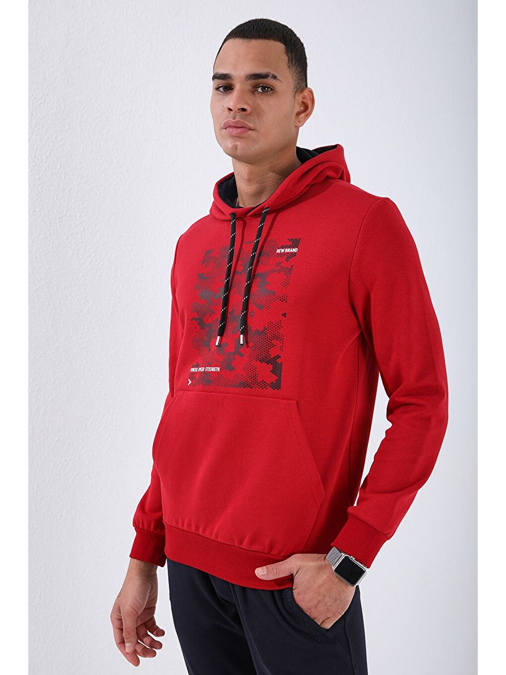 Kırmızı Kamuflaj Desen Baskılı Standart Kalıp Kapüşonlu  Erkek Hoodie - 87884-2