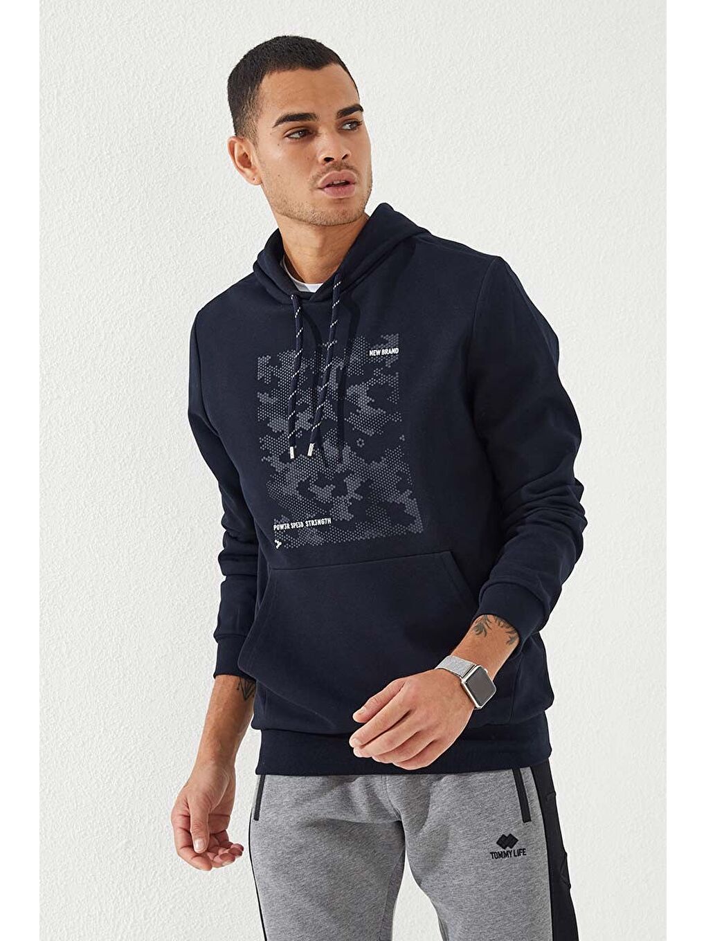 Lacivert Kamuflaj Desen Baskılı Standart Kalıp Kapüşonlu  Erkek Hoodie - 87884