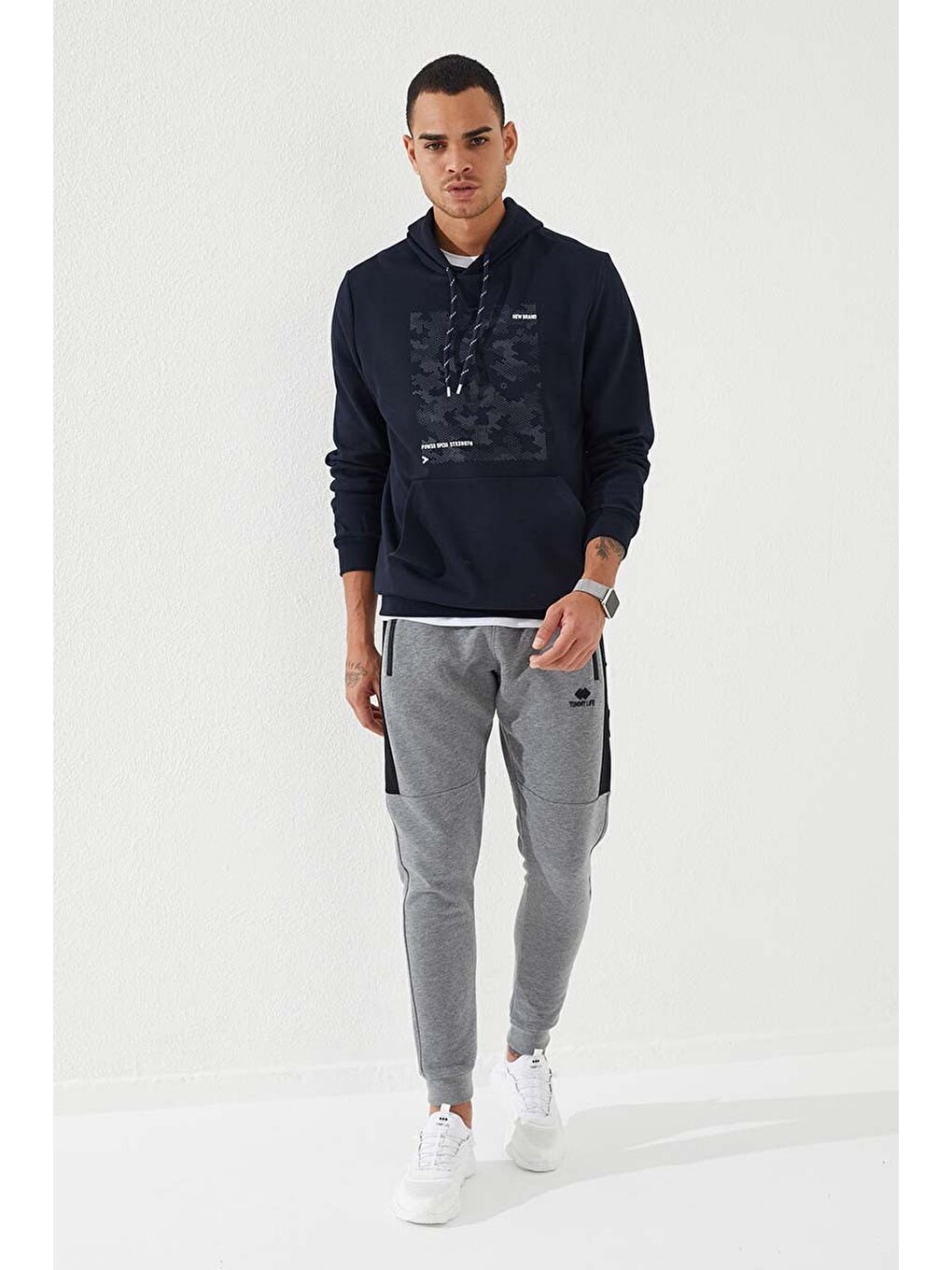 Lacivert Kamuflaj Desen Baskılı Standart Kalıp Kapüşonlu  Erkek Hoodie - 87884-1