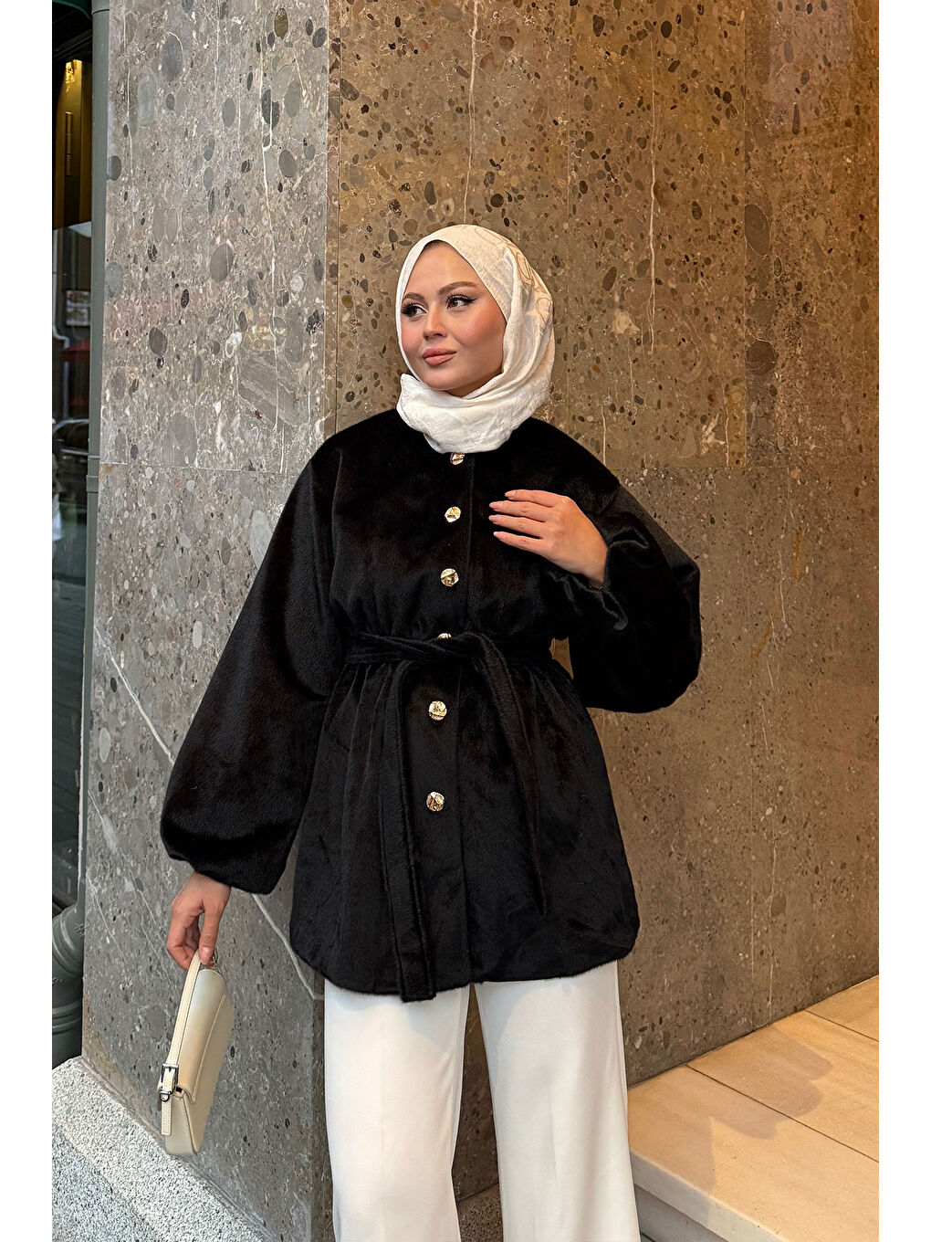 Kadın Beli Lastikli Tüylü Ceket Siyah