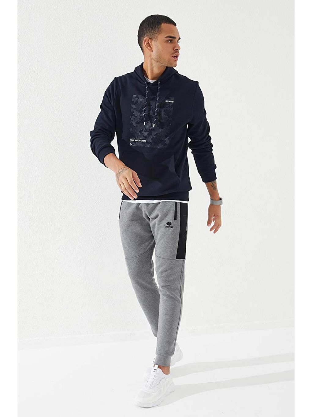 Lacivert Kamuflaj Desen Baskılı Standart Kalıp Kapüşonlu  Erkek Hoodie - 87884-2