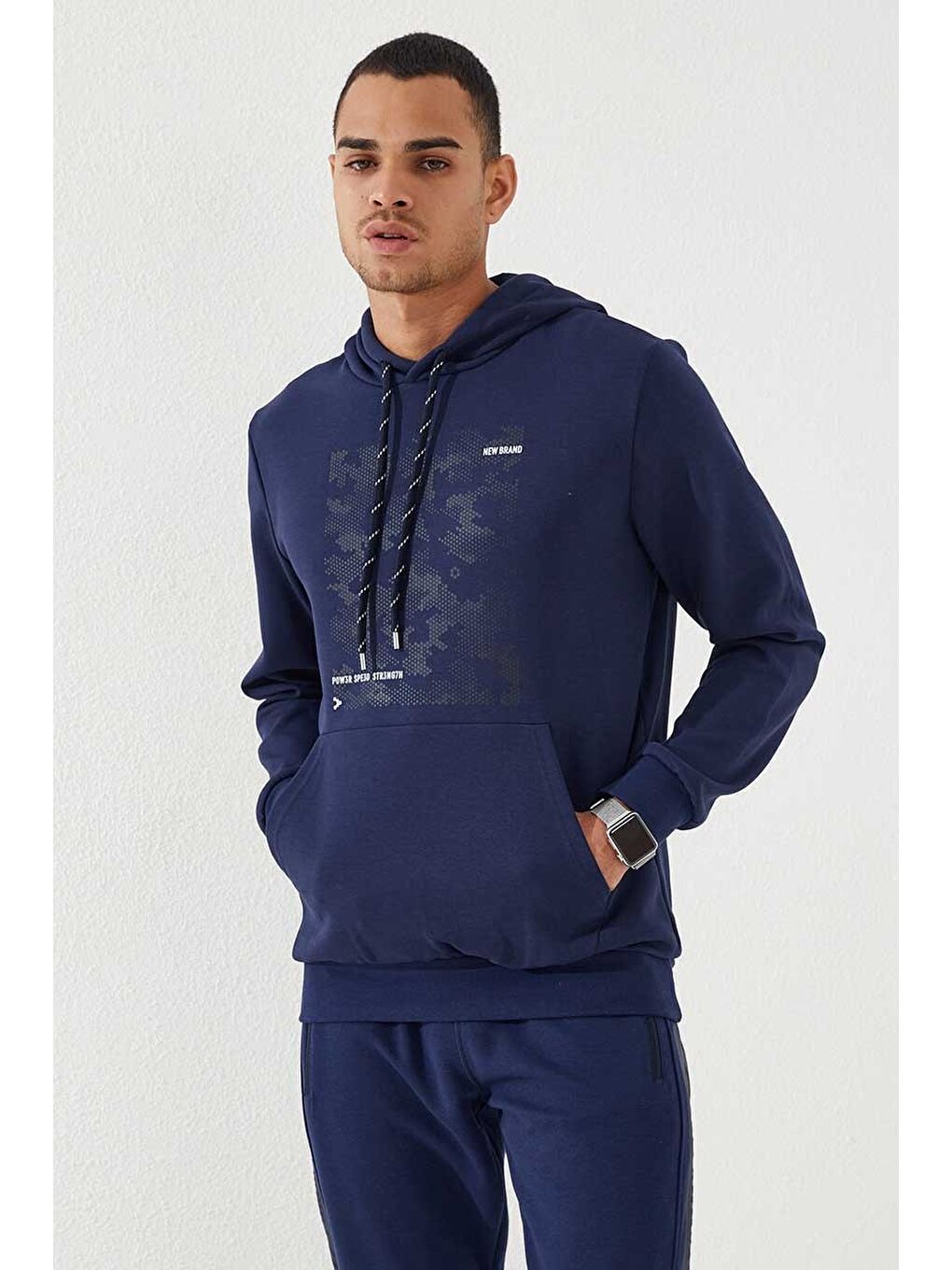 İndigo Kamuflaj Desen Baskılı Standart Kalıp Kapüşonlu  Erkek Hoodie - 87884