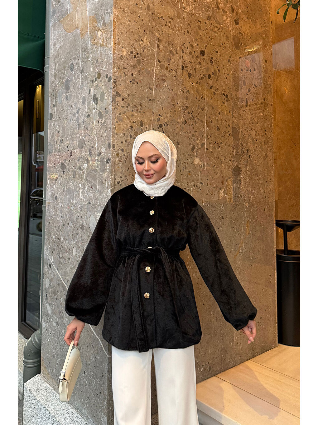 Kadın Beli Lastikli Tüylü Ceket Siyah-2