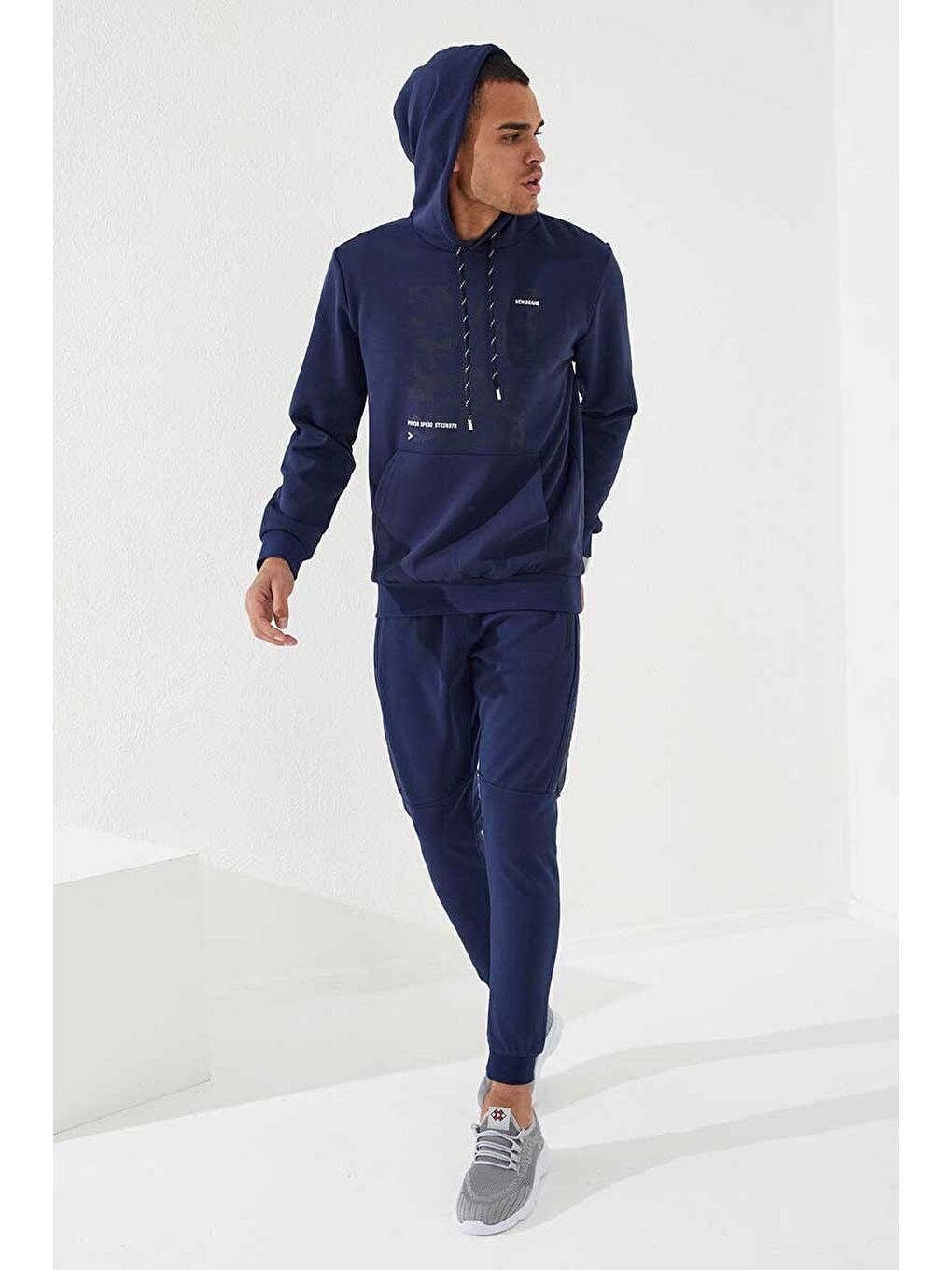 İndigo Kamuflaj Desen Baskılı Standart Kalıp Kapüşonlu  Erkek Hoodie - 87884-1