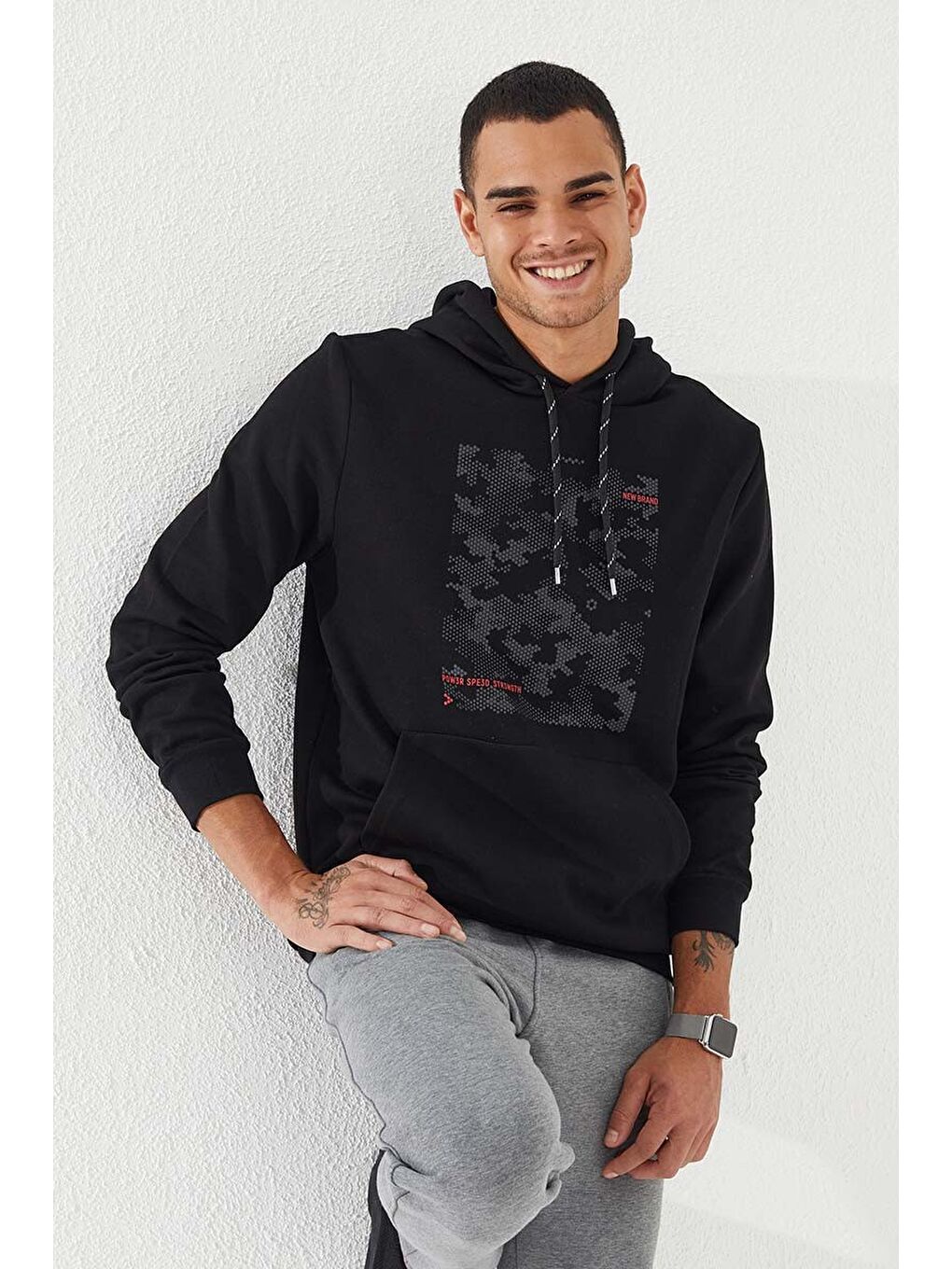 Siyah Kamuflaj Desen Baskılı Standart Kalıp Kapüşonlu  Erkek Hoodie - 87884-4