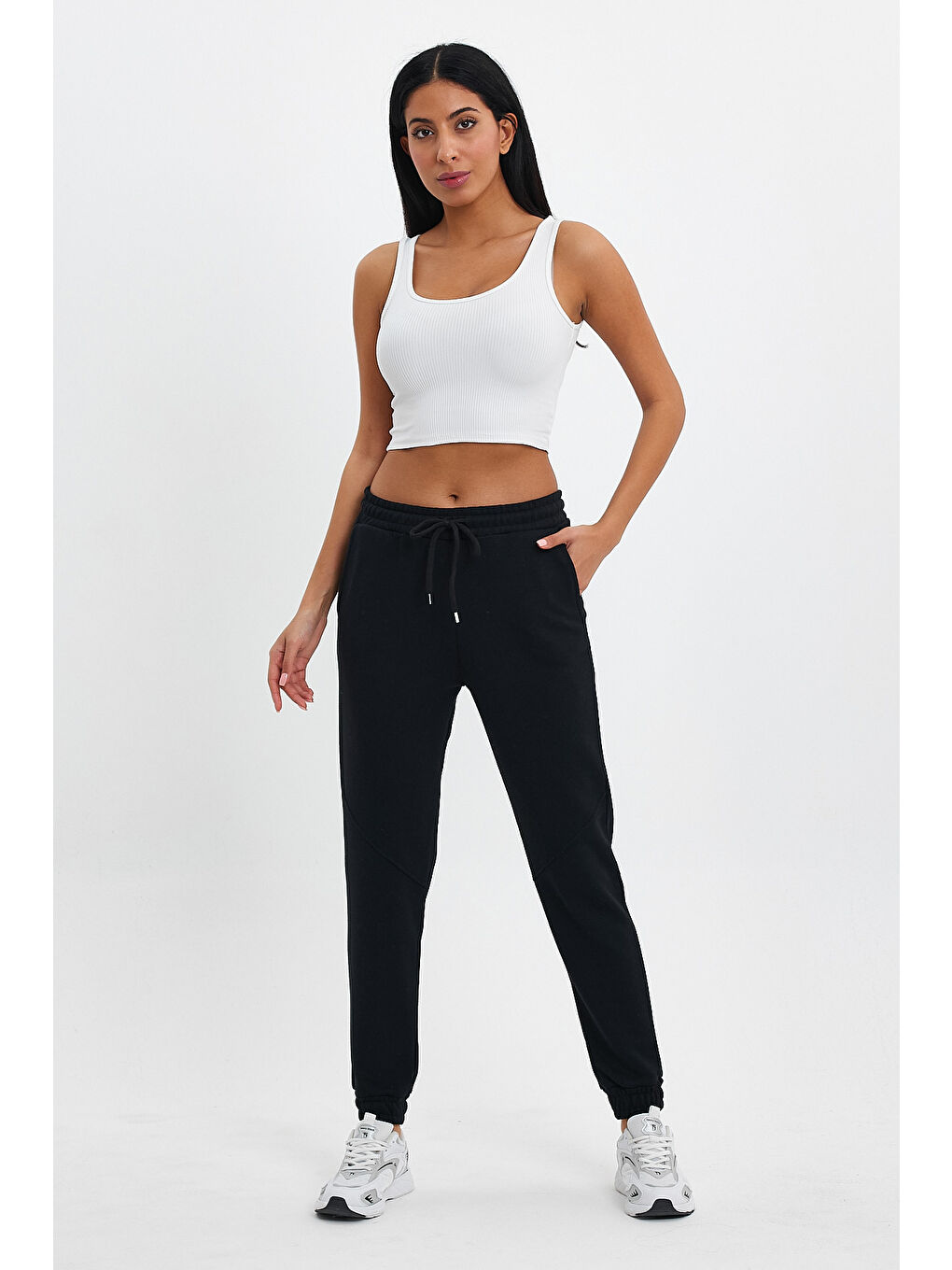 Siyah Kadın 3 İplik Kalın Rahat Kalıp Eşofman Altı spr24ea96-1