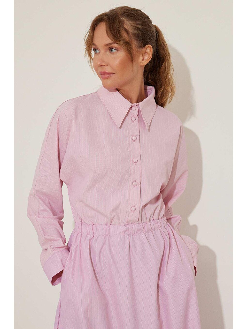 Kemer Detaylı Çizgili Pembe Poplin Elbise-1