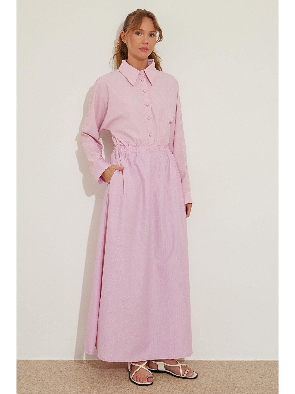 Kemer Detaylı Çizgili Pembe Poplin Elbise-2