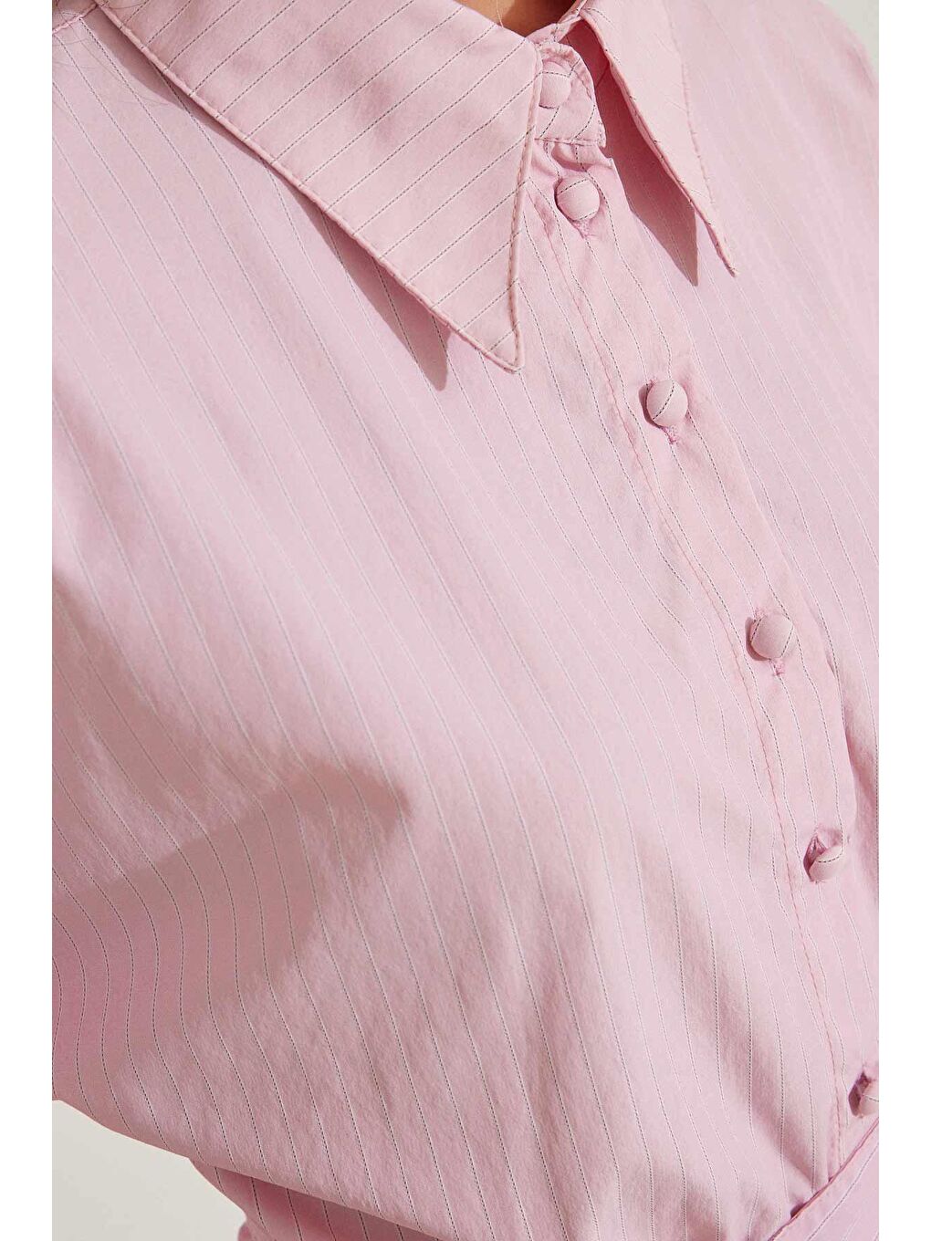 Kemer Detaylı Çizgili Pembe Poplin Elbise-3