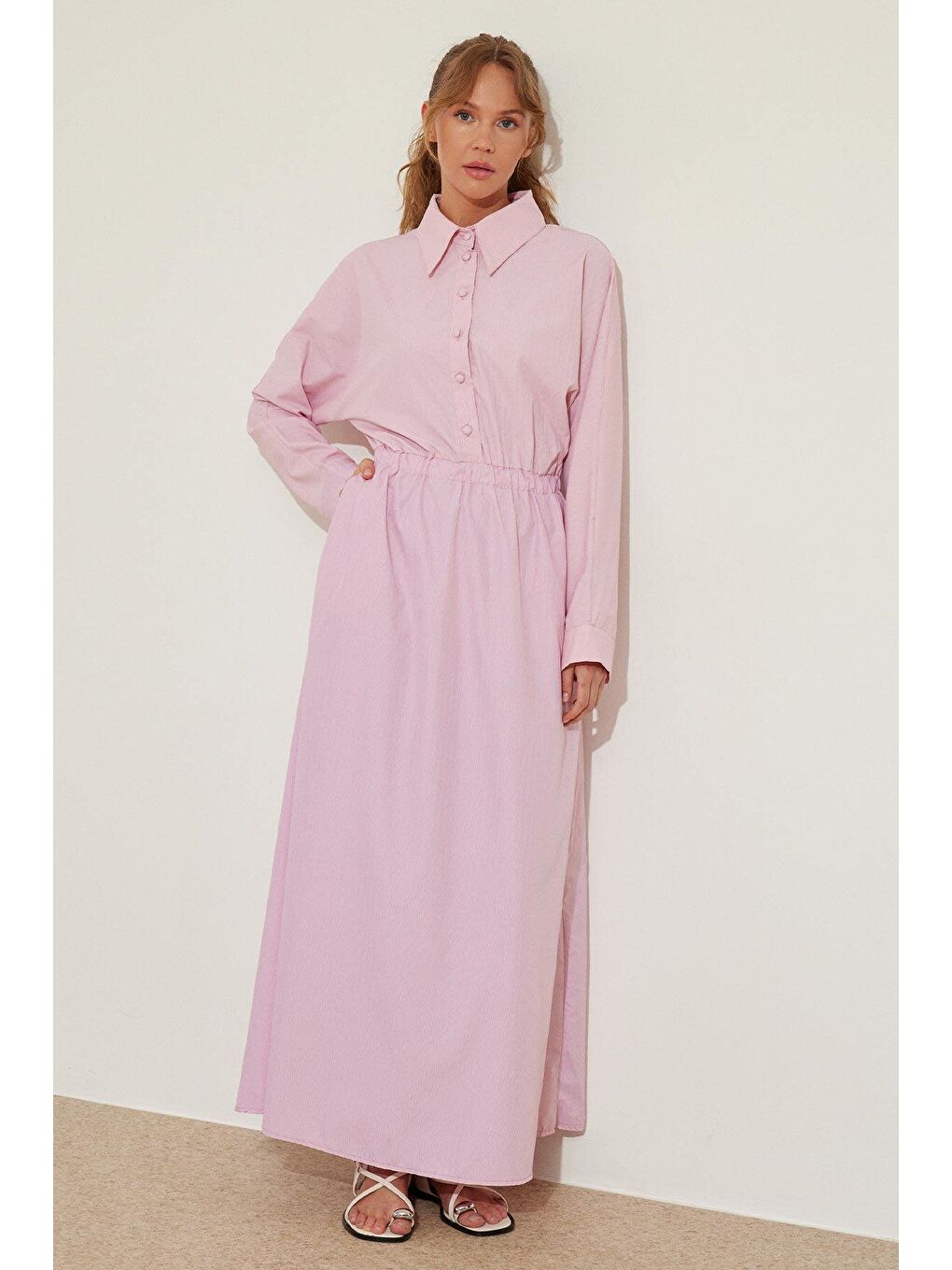 Kemer Detaylı Çizgili Pembe Poplin Elbise-4