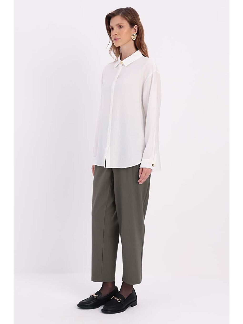 Ekru Manşet Detaylı Düğmeli Gömlek-2