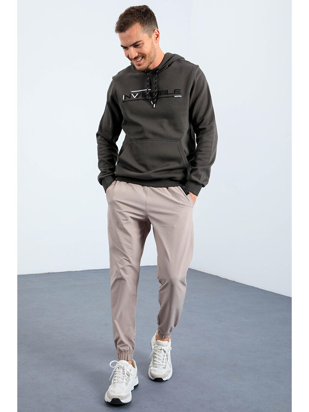 Haki Kanguru Cep Standart Kalıp Kapüşonlu  Erkek Hoodie - 87883-3