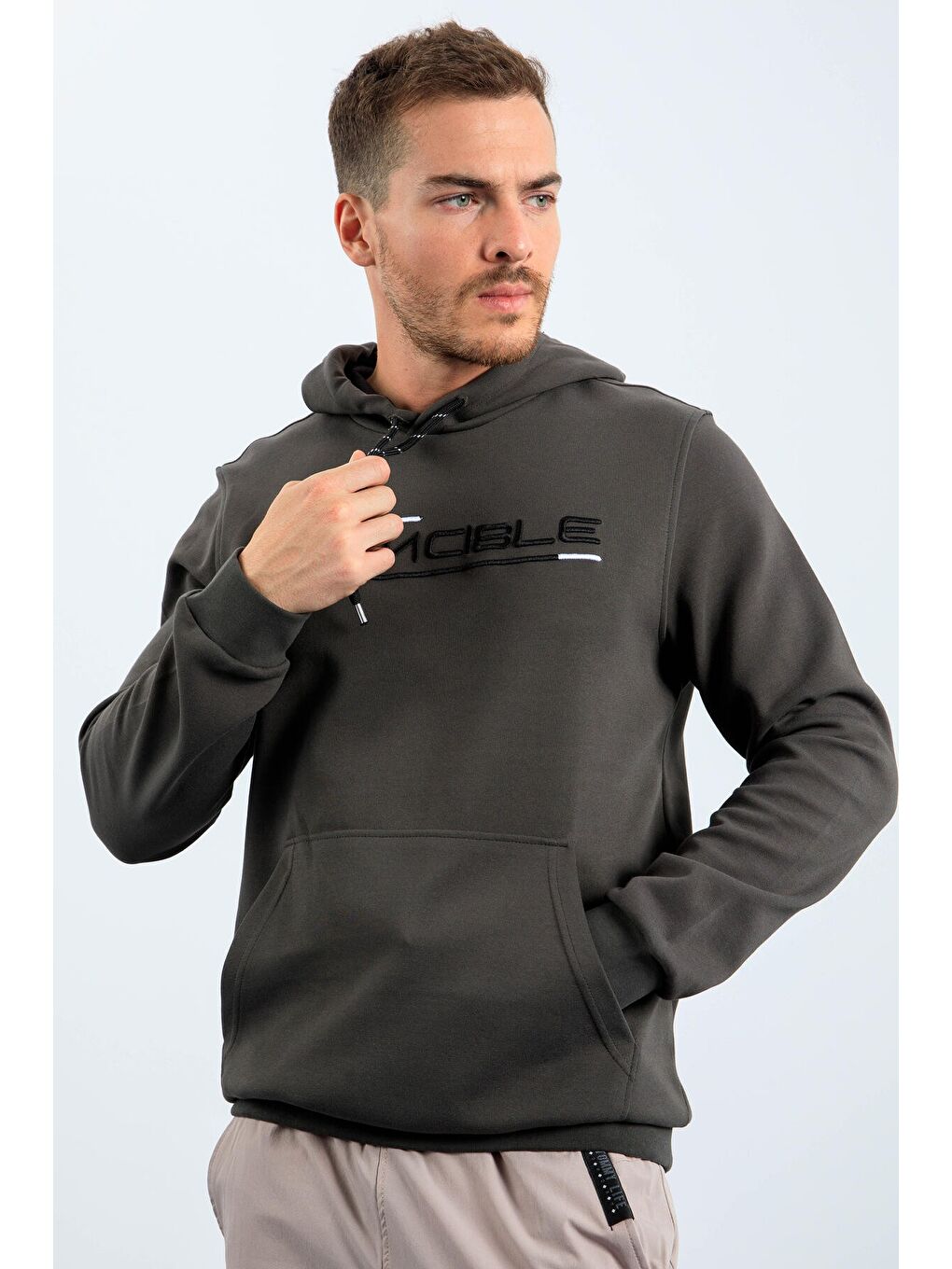 Haki Kanguru Cep Standart Kalıp Kapüşonlu  Erkek Hoodie - 87883-4