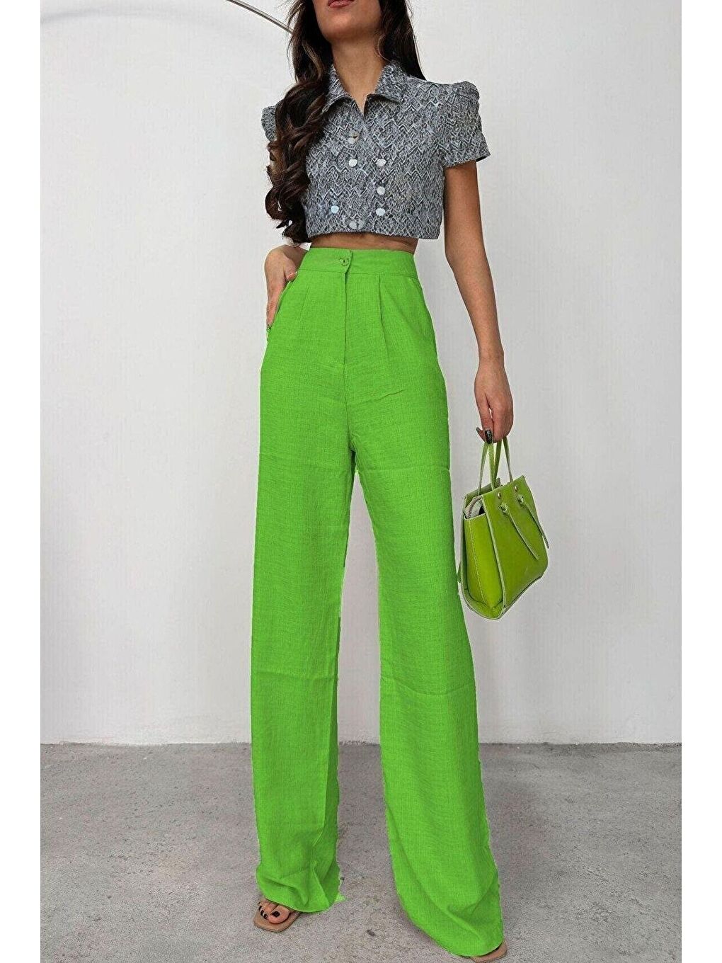 Kadın Fıstık Yeşil Yüksek Bel Palazzo Keten Pantolon