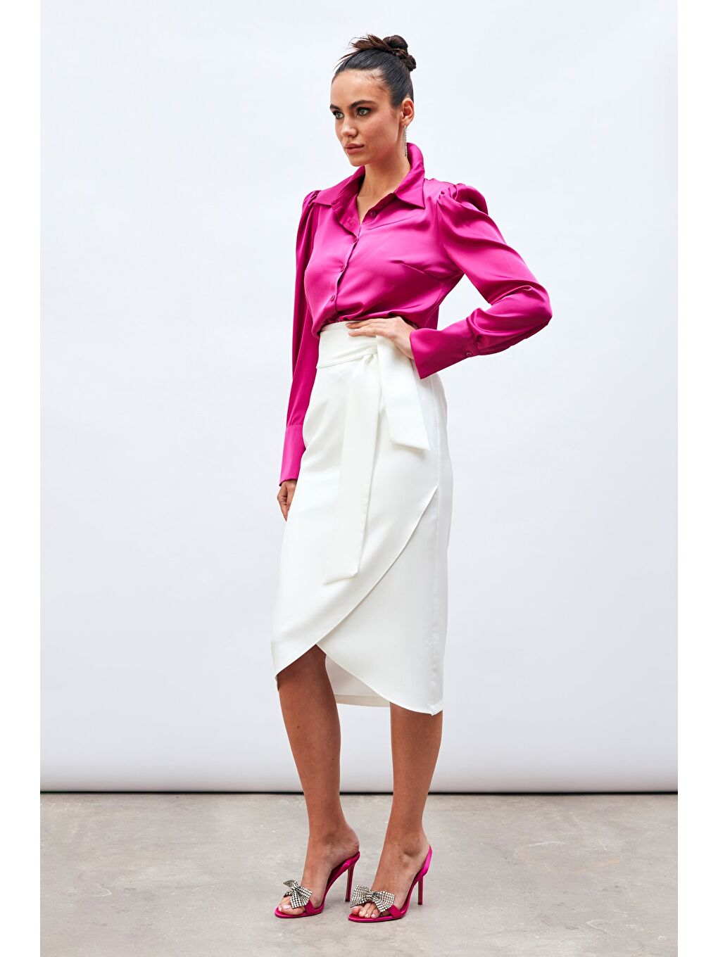 Kuşaklı Kalem Etek - Ekru-1