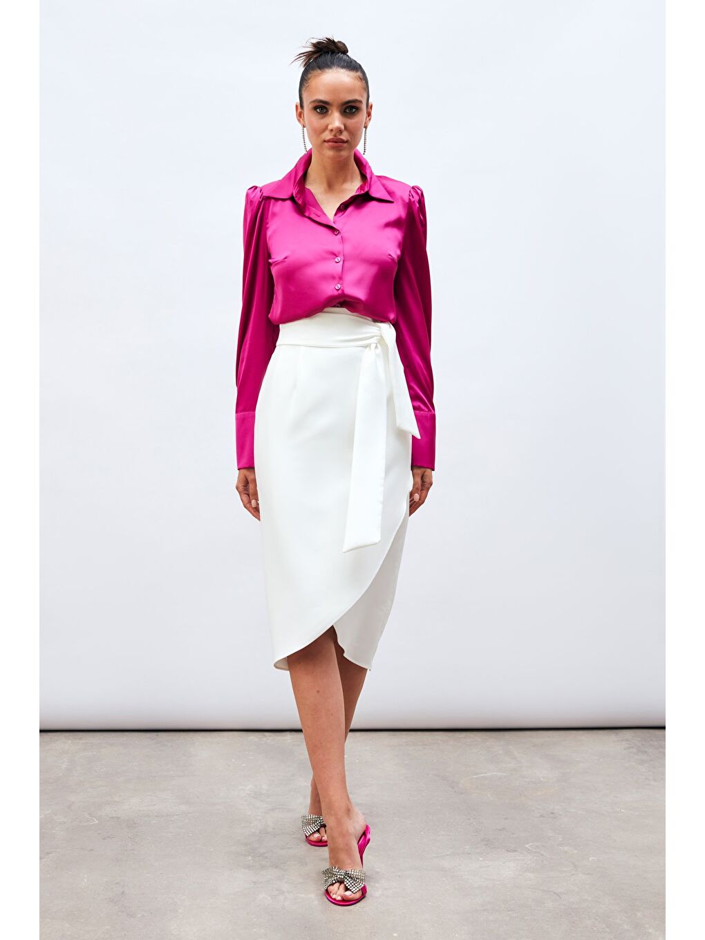 Kuşaklı Kalem Etek - Ekru-2