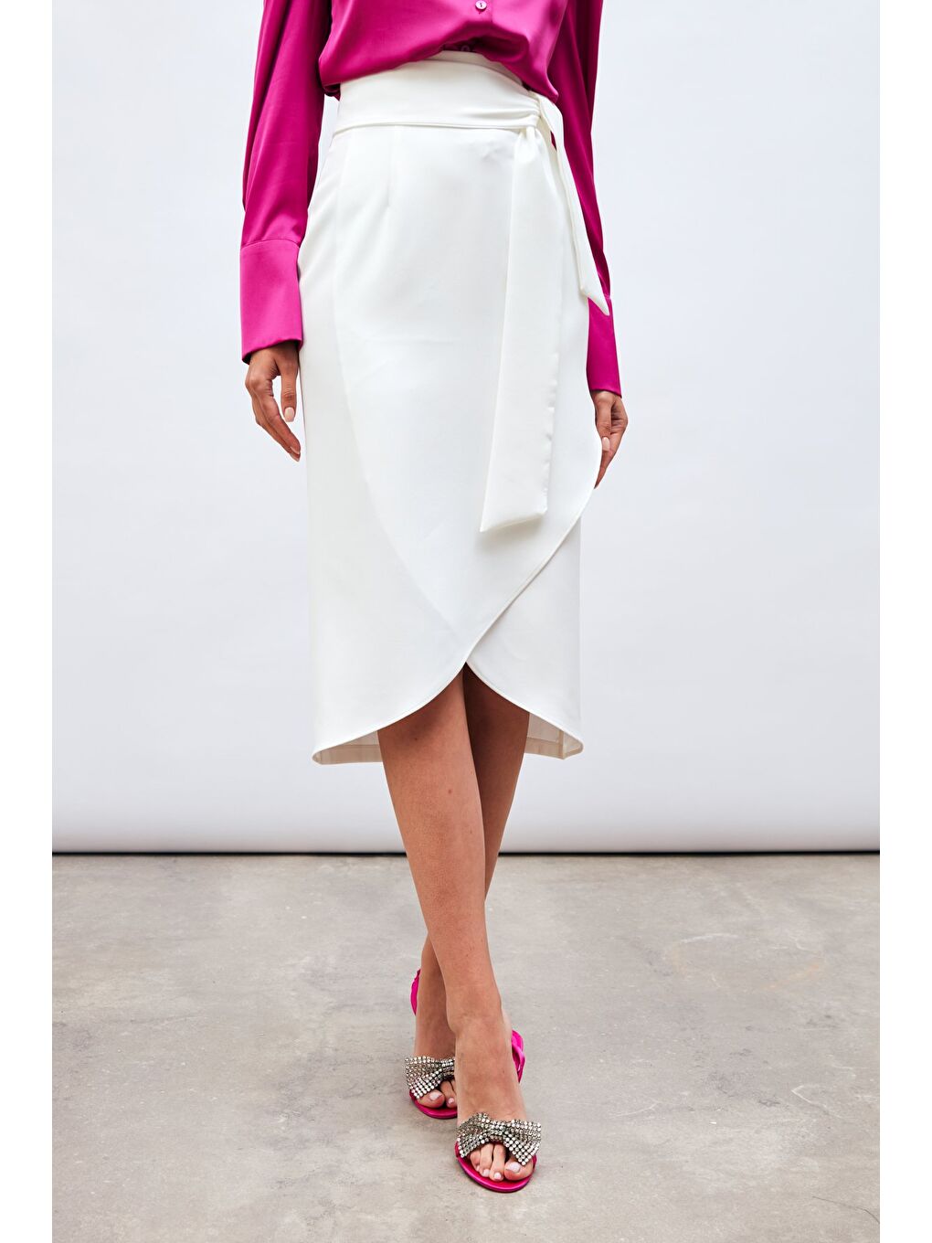 Kuşaklı Kalem Etek - Ekru-3