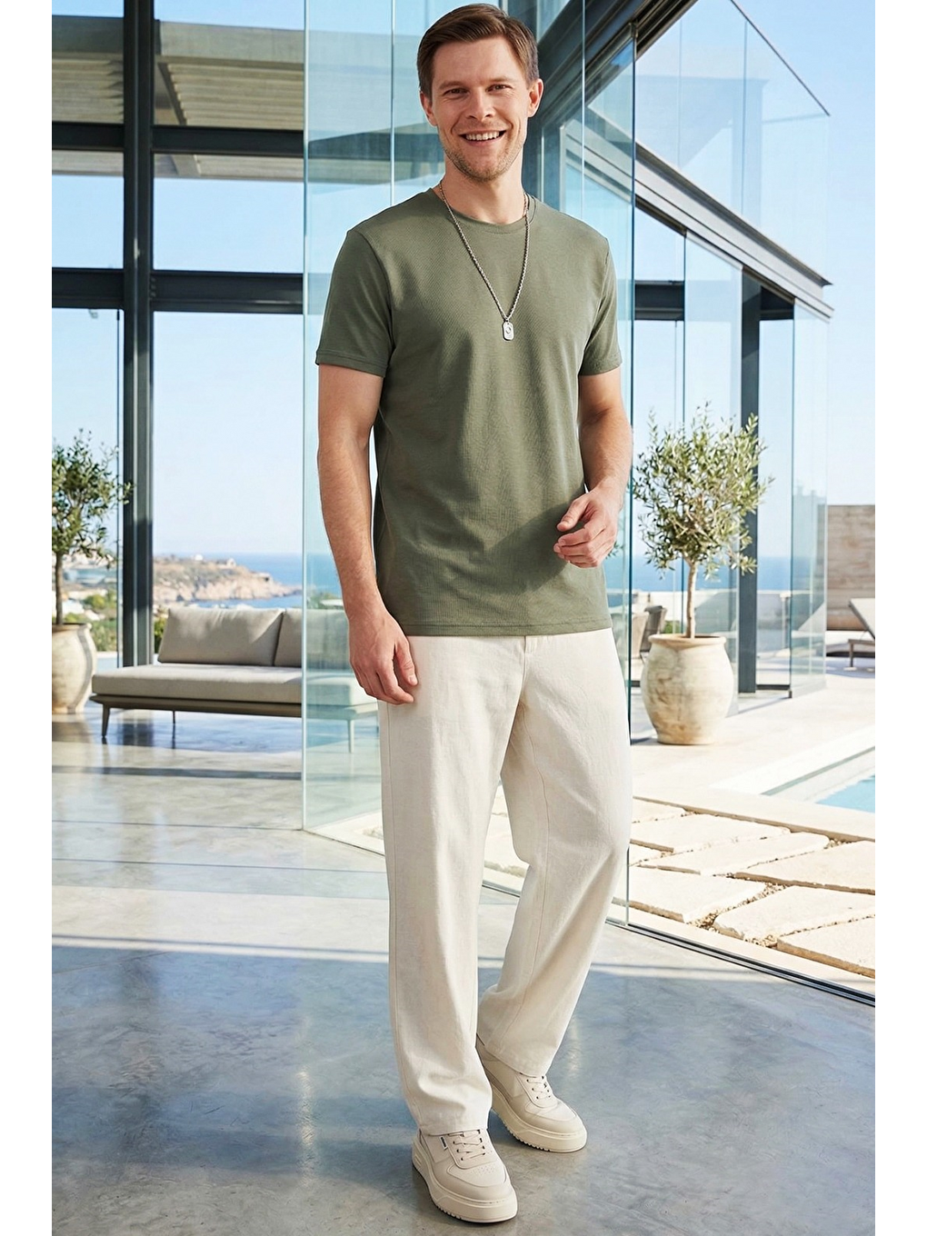 Erkek Slim Fit Dar Kesim Pamuklu Yumuşak Doku Elastanlı Esnek Kumaş Basic Yeşil Bisiklet Yaka Tişört-1