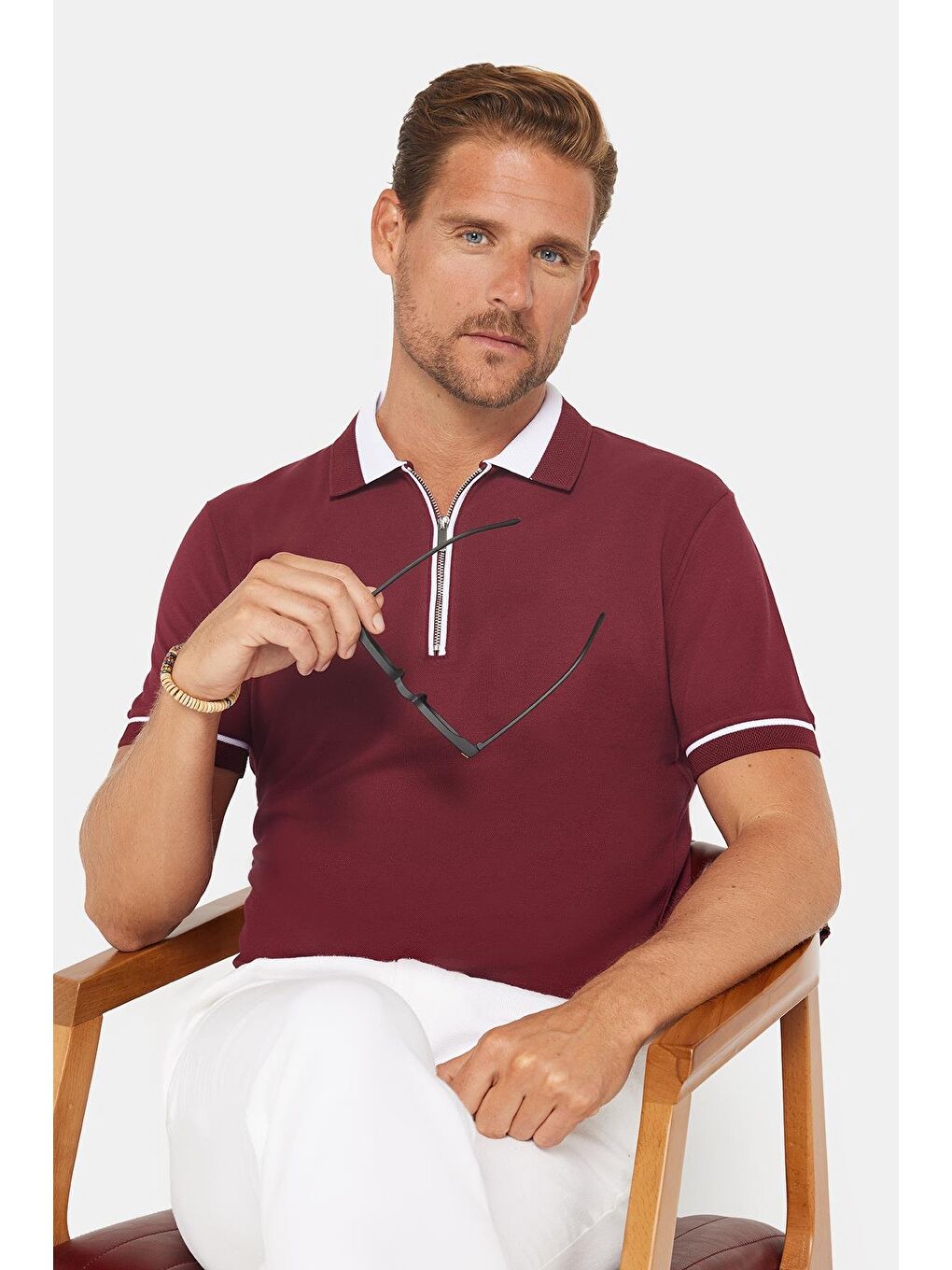 Erkek Slim Fit Dar Kesim %100 Pamuk Düz Pike Fermuarlı Bordo Polo Yaka Tişört