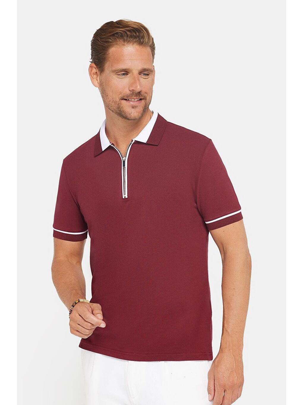 Erkek Slim Fit Dar Kesim %100 Pamuk Düz Pike Fermuarlı Bordo Polo Yaka Tişört-1