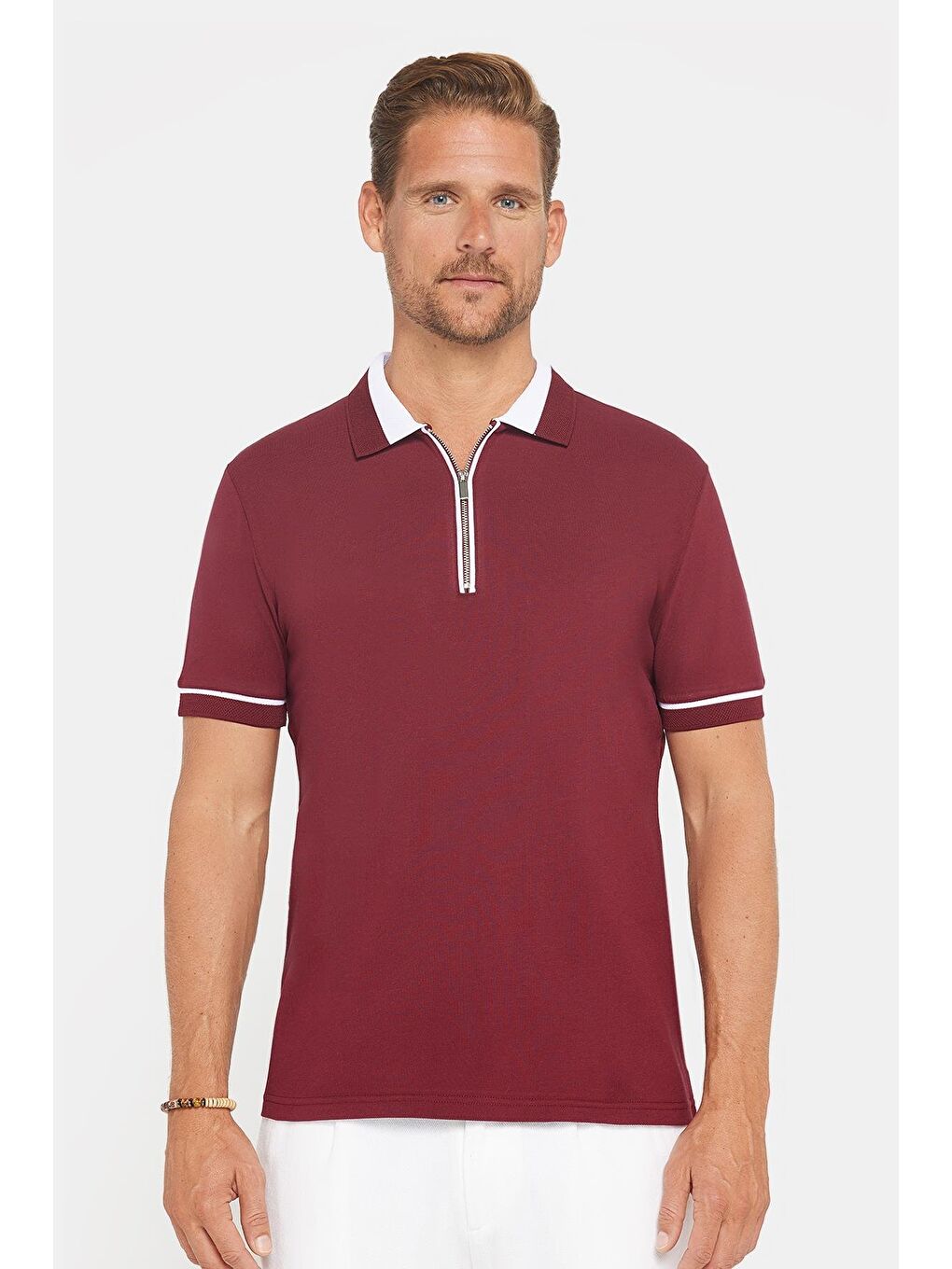 Erkek Slim Fit Dar Kesim %100 Pamuk Düz Pike Fermuarlı Bordo Polo Yaka Tişört-2