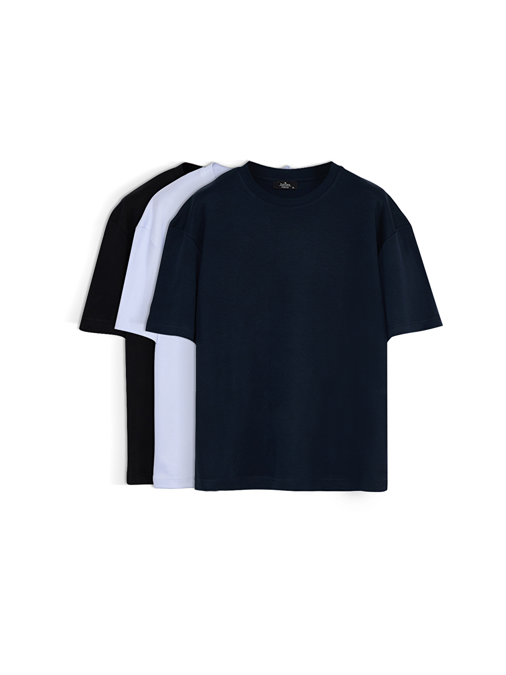 Unisex 3'Lü Paket Lacivert-Beyaz-Siyah Oversize Geniş Kesim %100 Pamuk Basic Bisiklet Yaka Tişört
