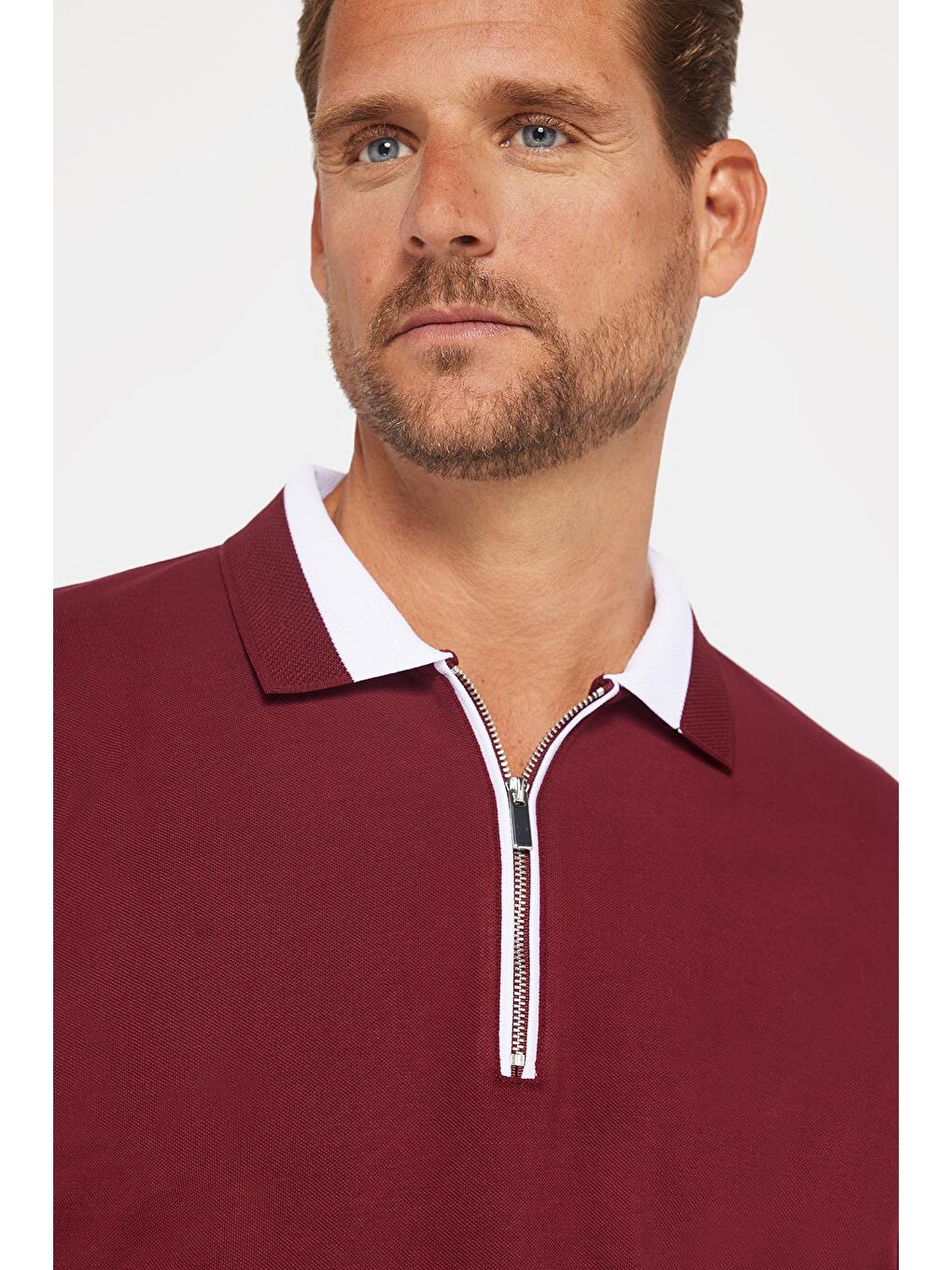Erkek Slim Fit Dar Kesim %100 Pamuk Düz Pike Fermuarlı Bordo Polo Yaka Tişört-3