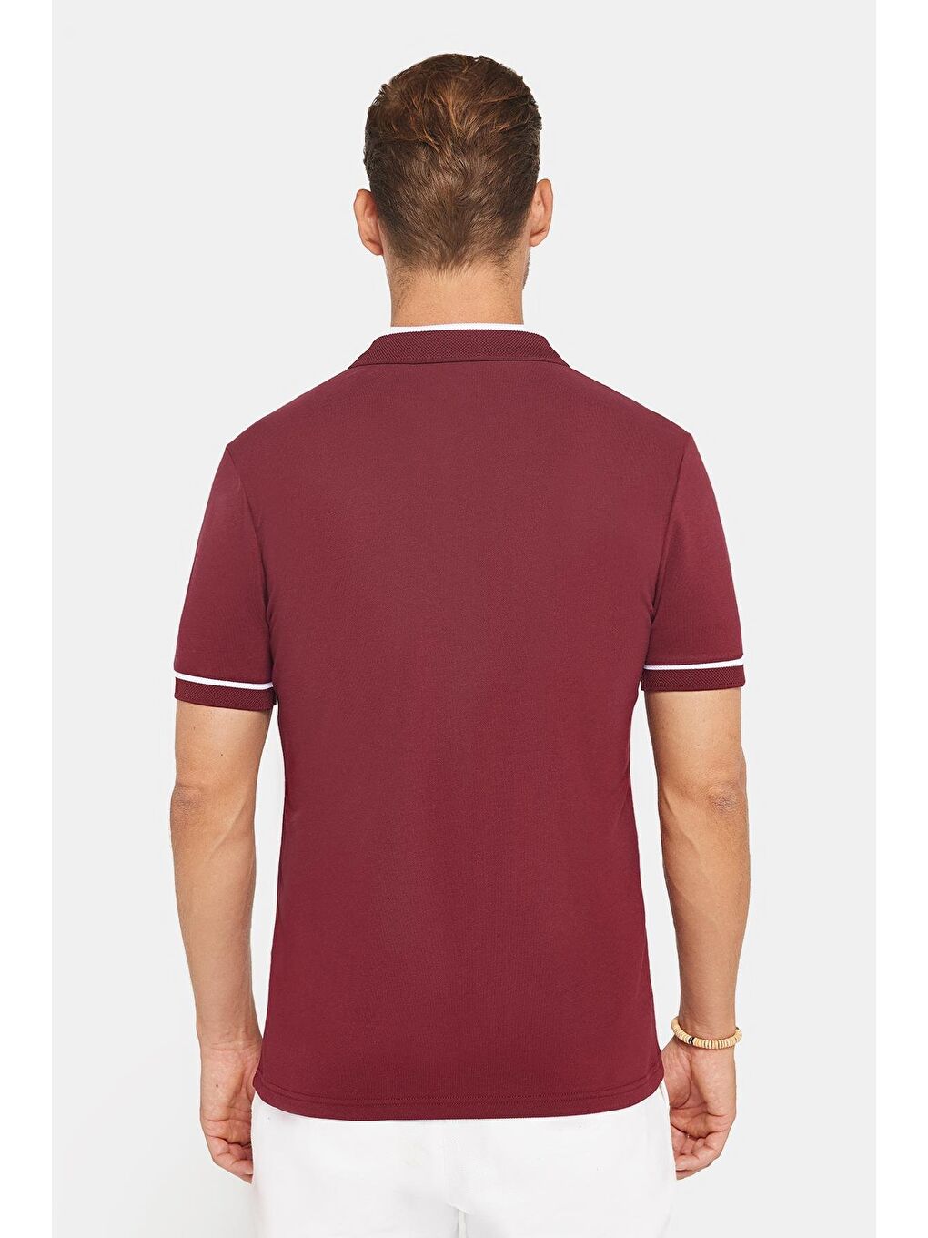 Erkek Slim Fit Dar Kesim %100 Pamuk Düz Pike Fermuarlı Bordo Polo Yaka Tişört-5