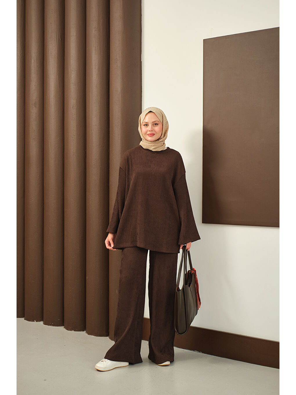 Kadın Bürümcük Desen Takım Kahverengi-1