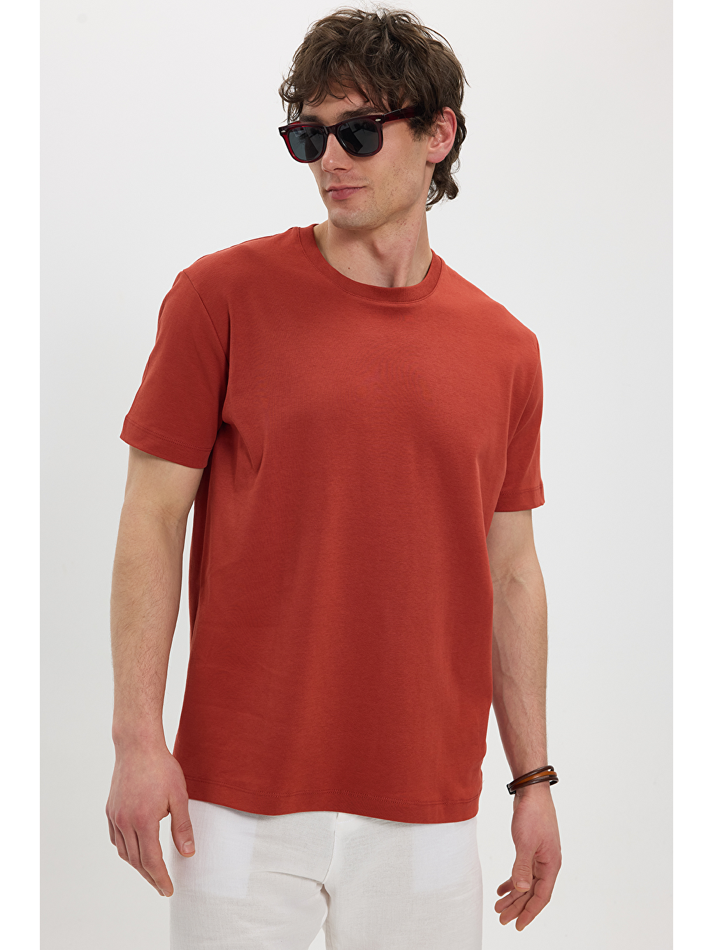Kahverengi Unisex Relax Fit Rahat Kesim %100 Pamuk Yumuşak Dokulu Hafif Kalın Kiremit Bisiklet Yaka Tişört-2