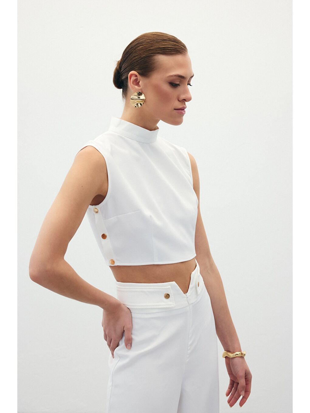 Çıt Çıt Detaylı Crop Bluz - Ekru-2