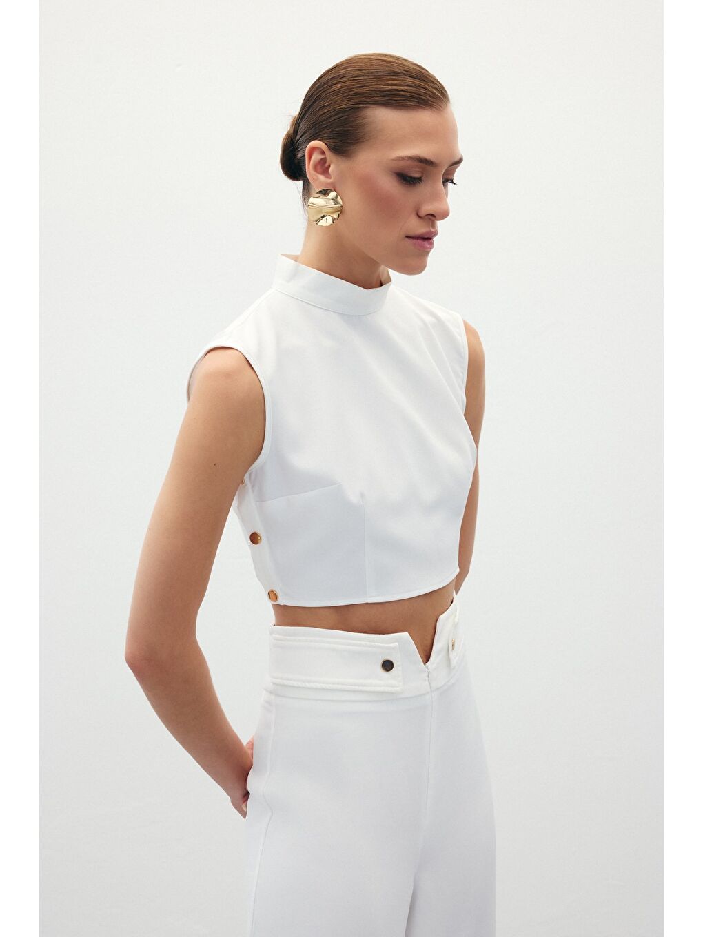 Çıt Çıt Detaylı Crop Bluz - Ekru-3