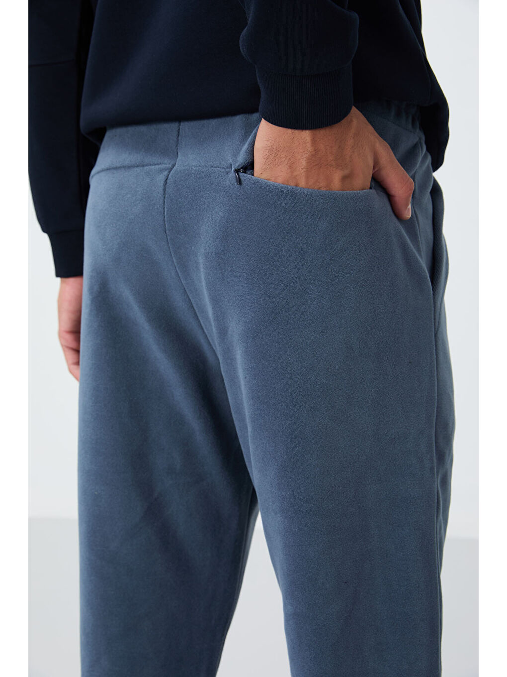 Petrol Gizli Fermuarlı Rahat Form Lastik Paça Polar  Eşofman Alt - 84866-4