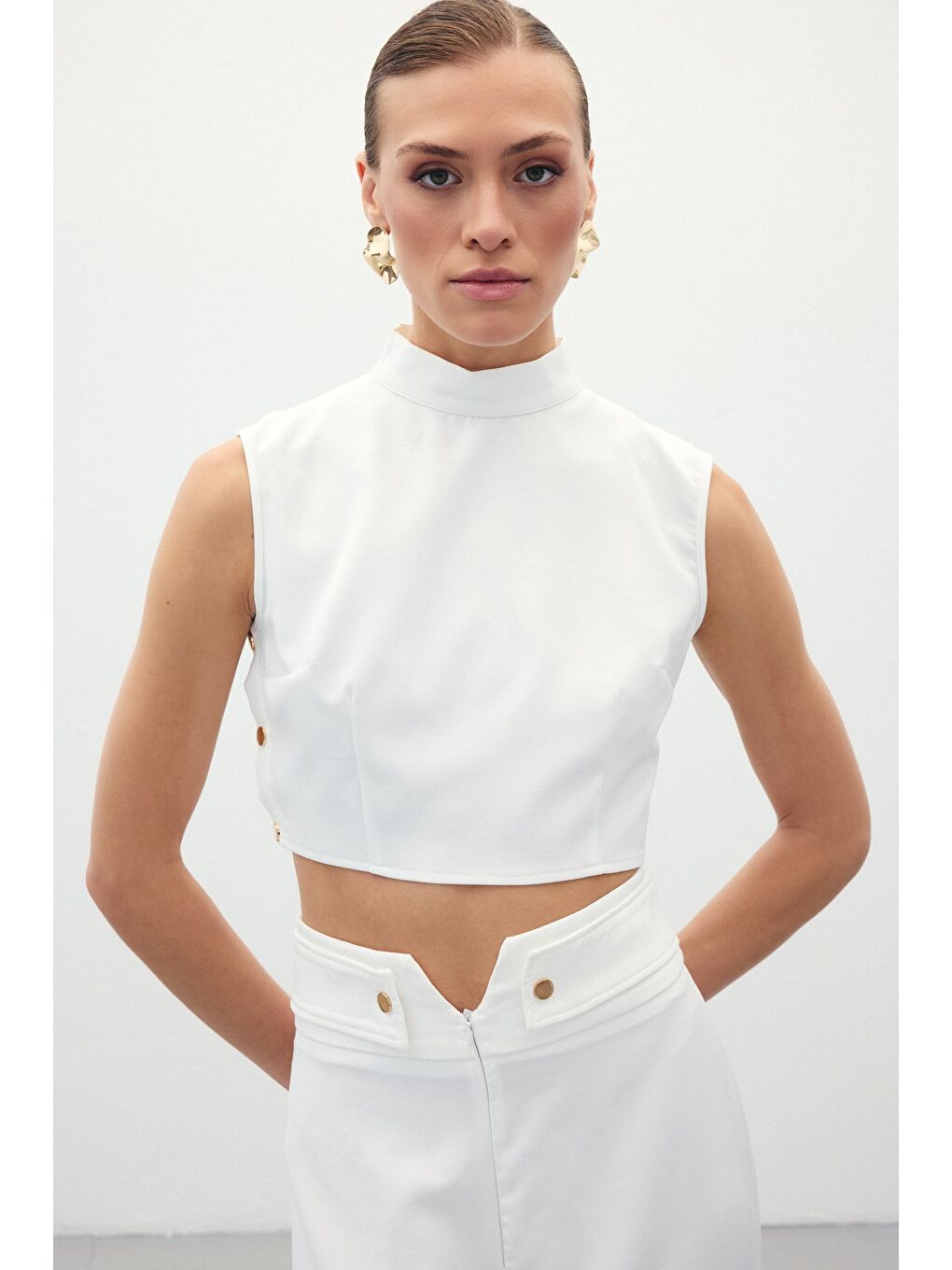 Çıt Çıt Detaylı Crop Bluz - Ekru-4