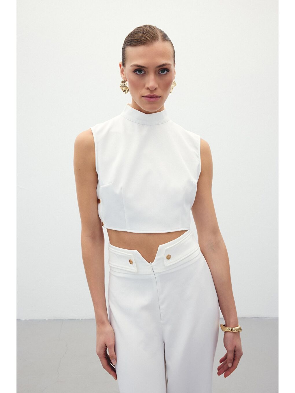Çıt Çıt Detaylı Crop Bluz - Ekru-5