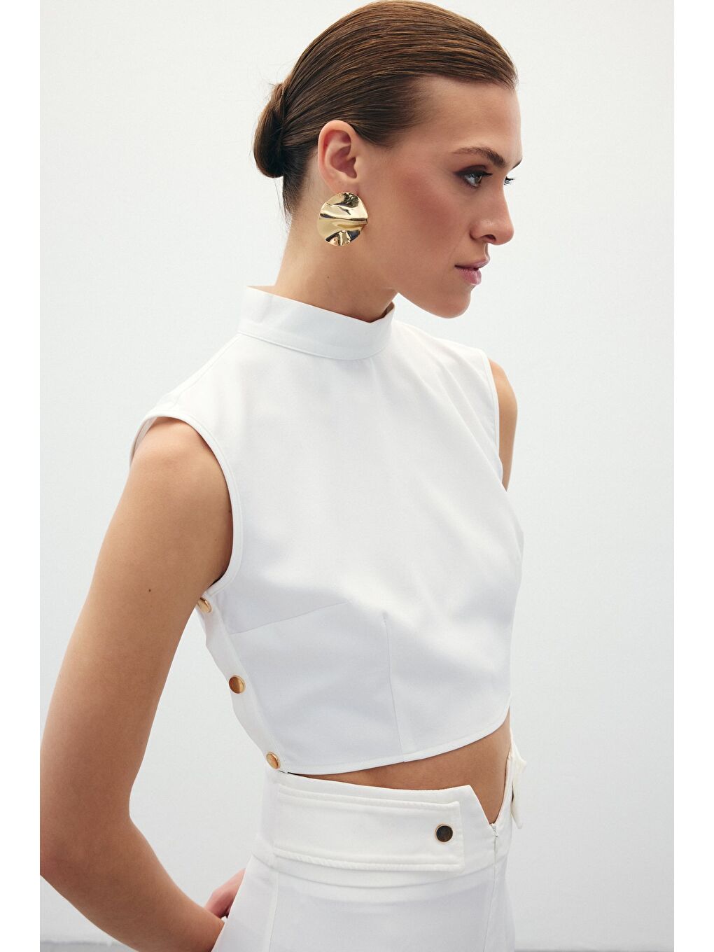 Çıt Çıt Detaylı Crop Bluz - Ekru-6